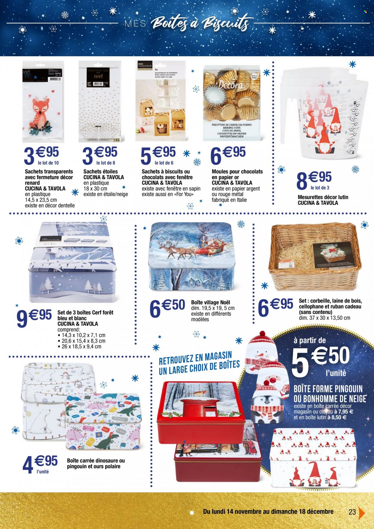 thumbnail - Catalogue Migros France - 14/11/2022 - 18/12/2022 - Produits soldés - moules, chocolat, corbeille, bonhomme de neige, ours. Page 23.