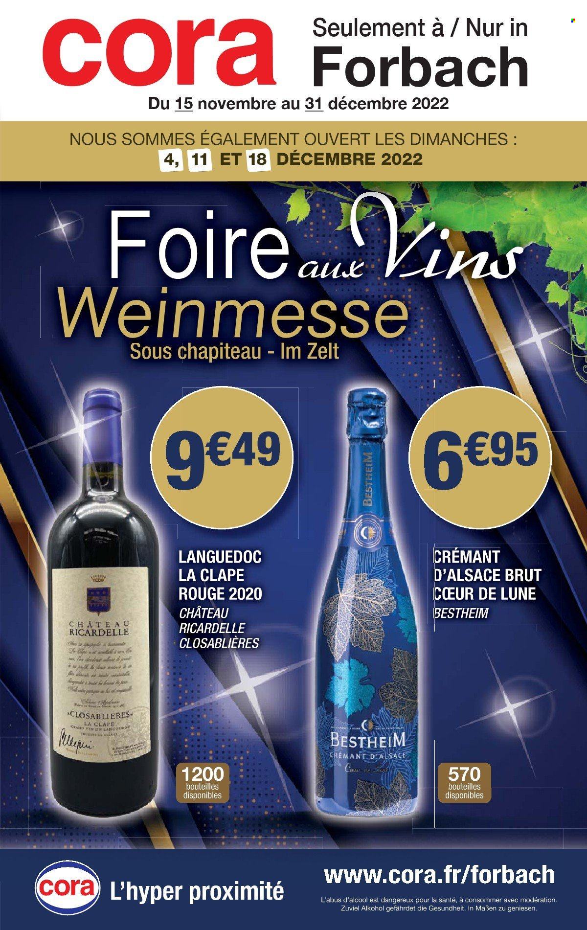 thumbnail - Catalogue Cora - 15/11/2022 - 31/12/2022 - Produits soldés - Crémant d’Alsace, champagne, vin. Page 1.