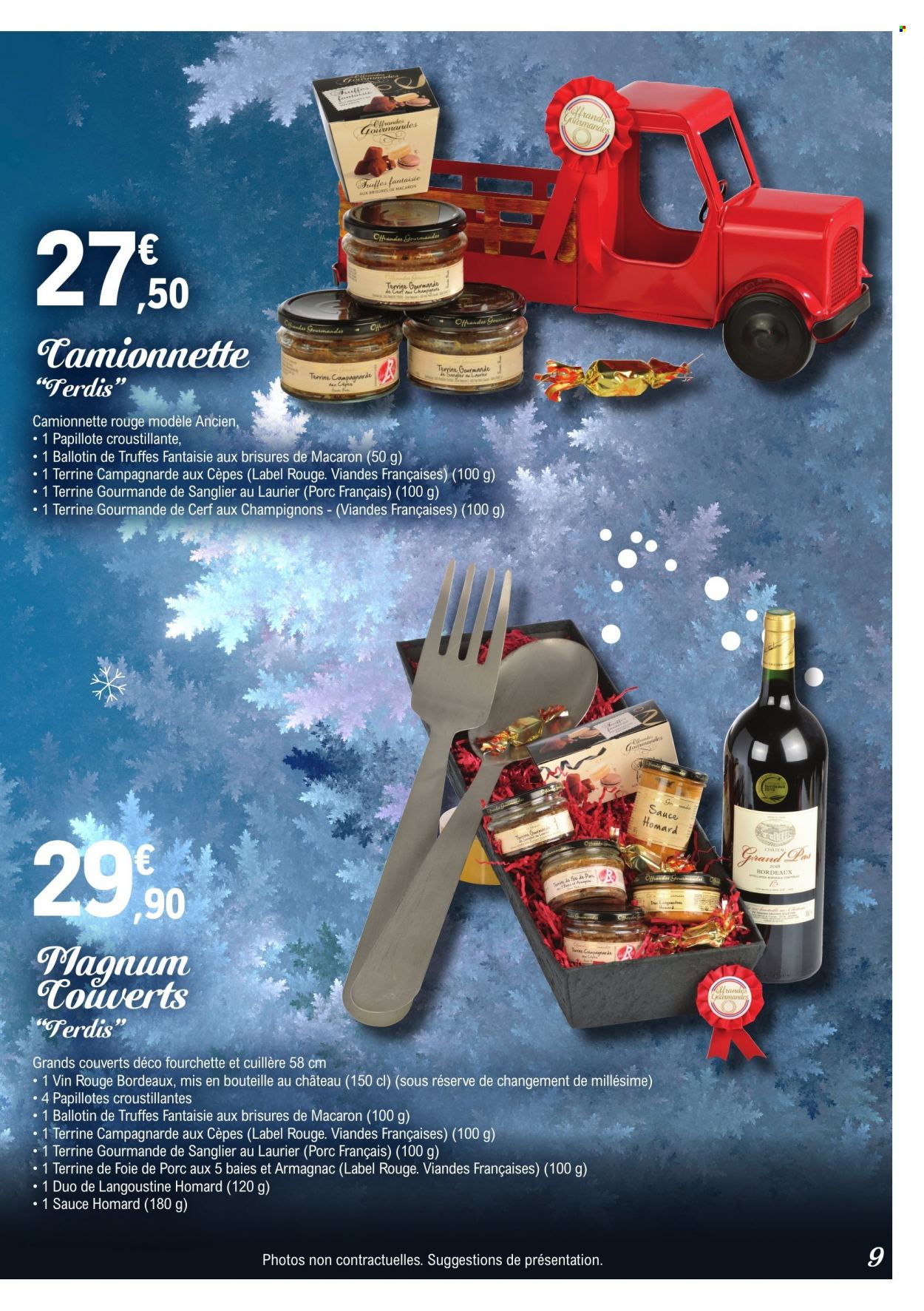 thumbnail - Catalogue E.Leclerc - 16/11/2022 - 31/12/2022 - Produits soldés - terrine, truffes, papillotes, Bordeaux, vin rouge, vin, armagnac, fourchette, couverts. Page 9.