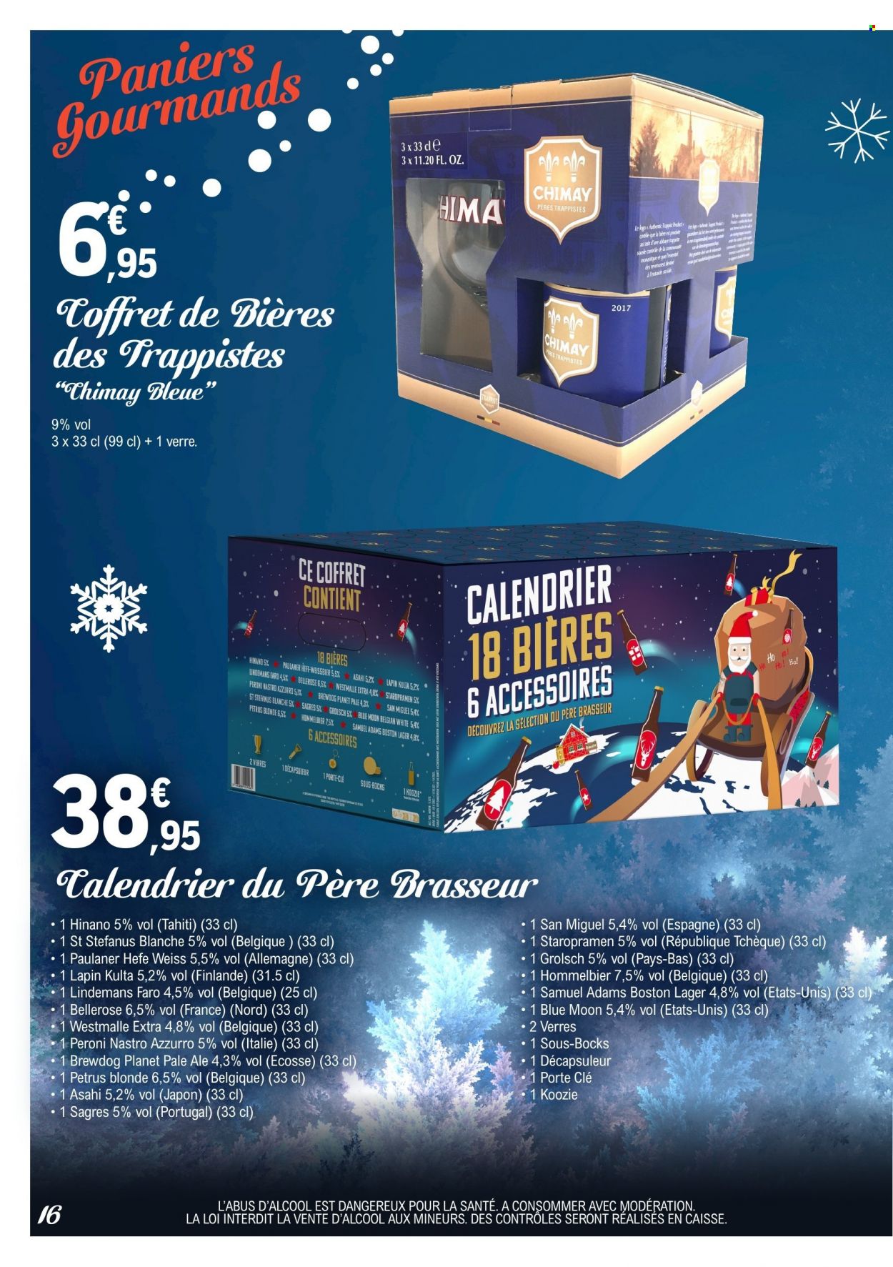 thumbnail - Catalogue E.Leclerc - 16/11/2022 - 31/12/2022 - Produits soldés - Peroni, San Miguel, Brewdog, Tahiti, verre, calendrier. Page 16.