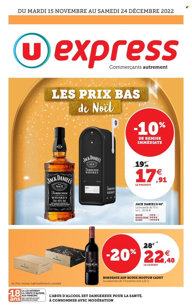 thumbnail - Catalogue U express - 15/11/2022 - 24/12/2022 - Produits soldés - Bordeaux, vin rouge, whisky. Page 1.