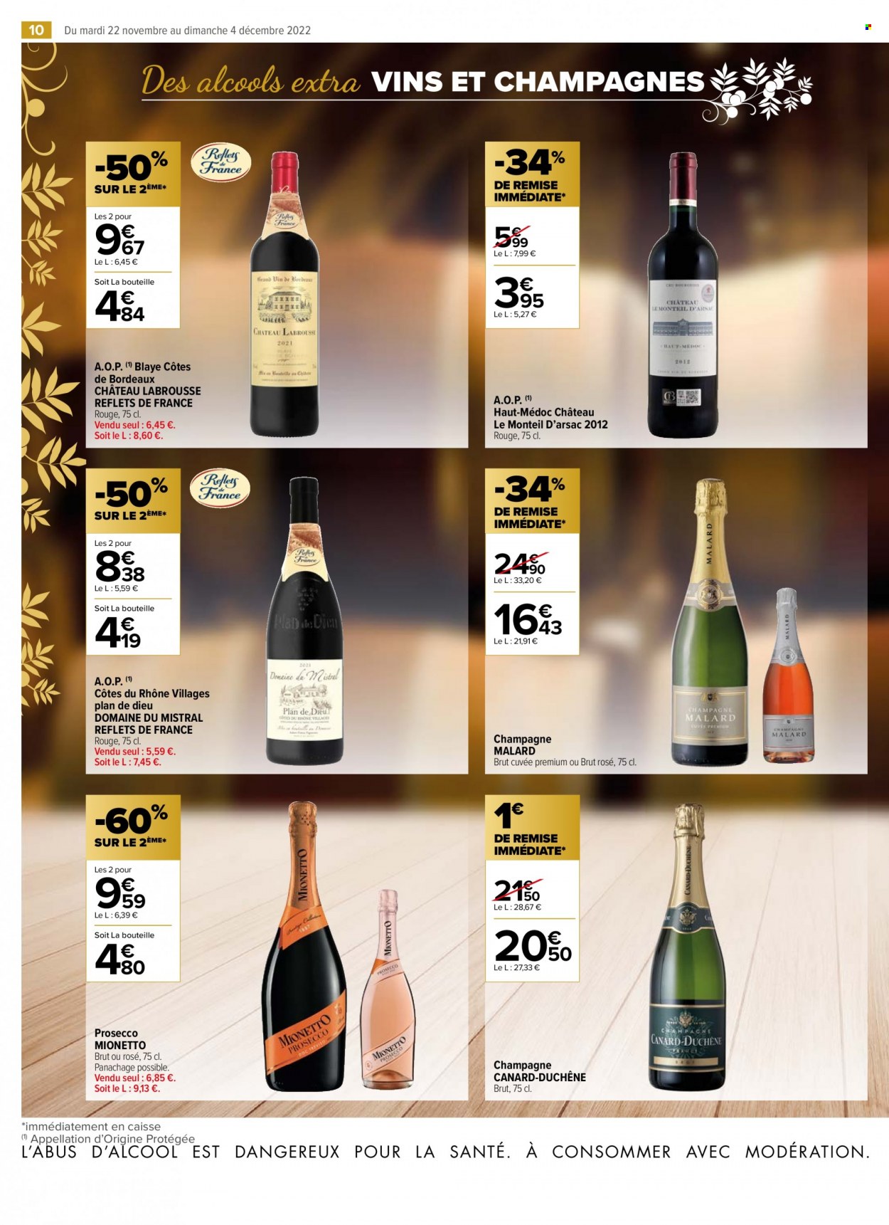 thumbnail - Catalogue Carrefour Contact - 22/11/2022 - 04/12/2022 - Produits soldés - alcool, Bordeaux, Côtes du Rhône, vin rouge, Prosecco, vin. Page 10.