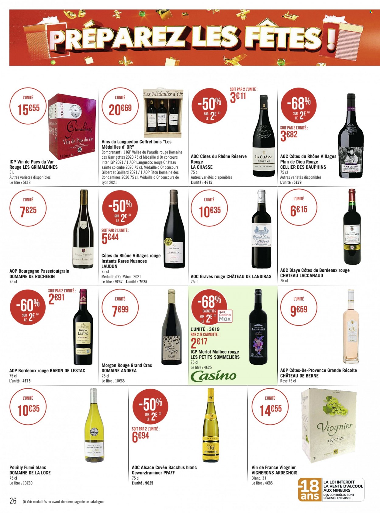 thumbnail - Catalogue Géant Casino - 21/11/2022 - 04/12/2022 - Produits soldés - alcool, Gilbert, Bordeaux, Côtes du Rhône, vin blanc, vin rouge, vin, coffret. Page 26.