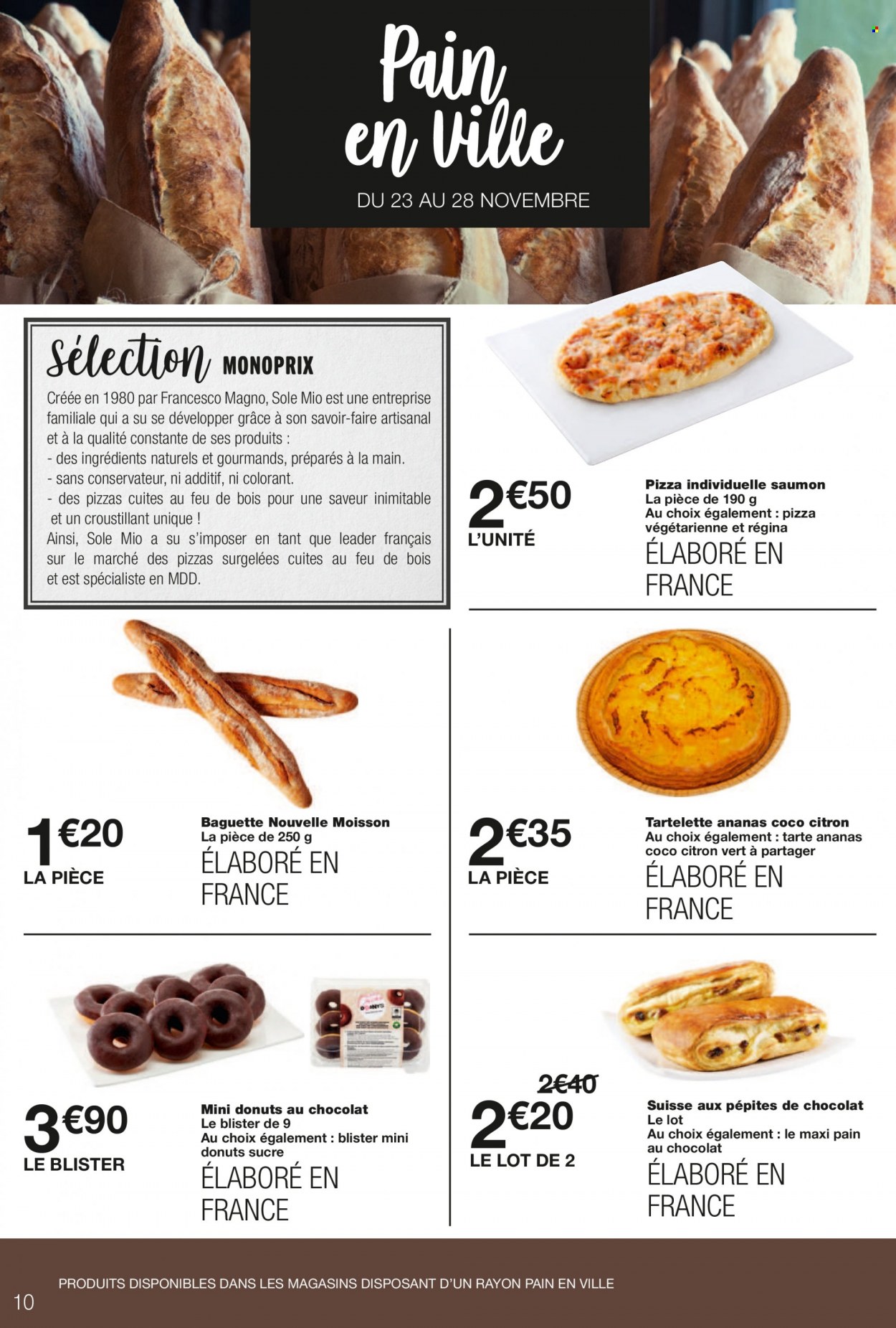 thumbnail - Catalogue Monoprix - 27/11/2022 - 04/12/2022 - Produits soldés - ananas, tarte, baguette, pain, pain au chocolat, donut, saumon, pizza. Page 10.