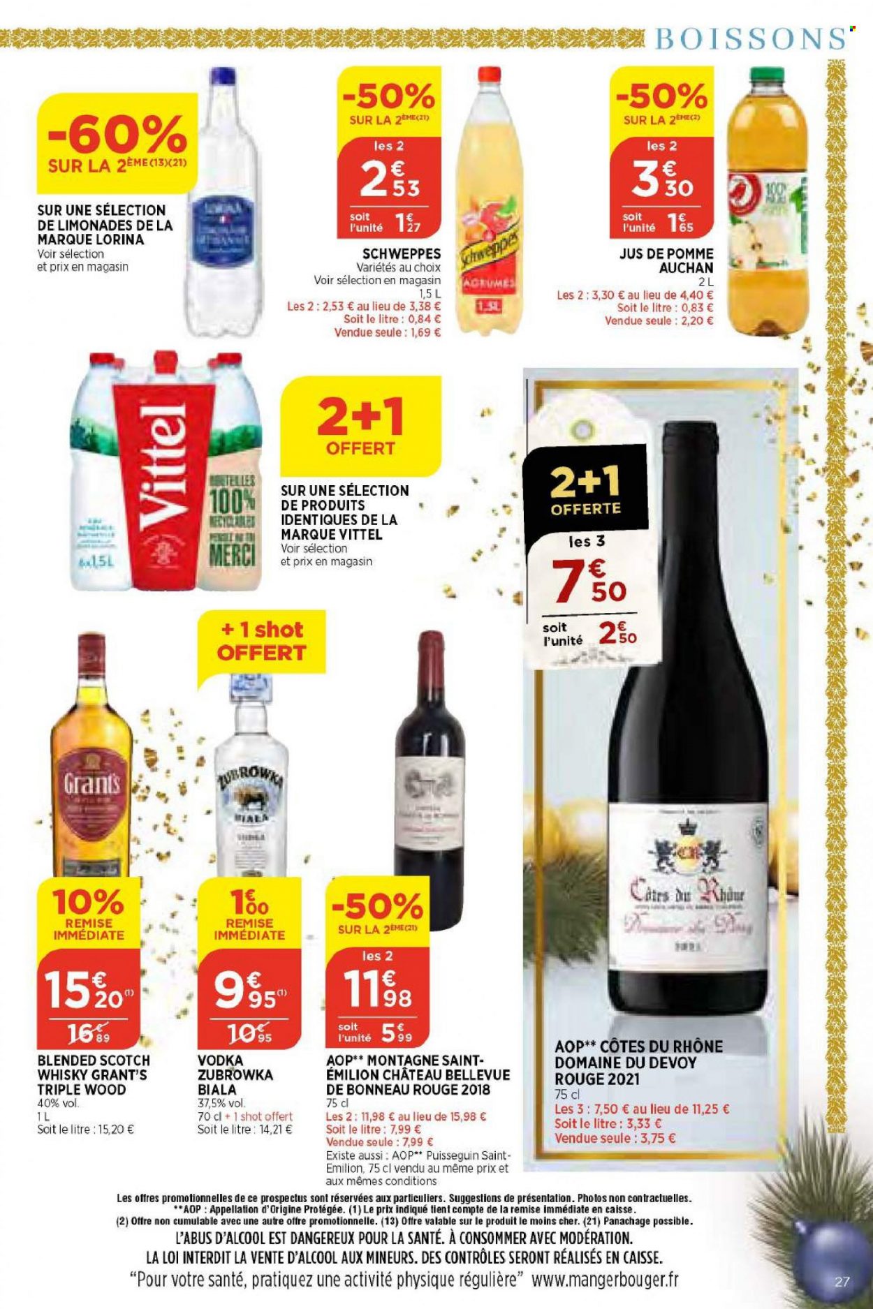 thumbnail - Catalogue Bi1 - 23/11/2022 - 05/12/2022 - Produits soldés - jus, jus de pomme, Lorina, Schweppes, Vittel, Côtes du Rhône, vin, vodka, whisky. Page 27.