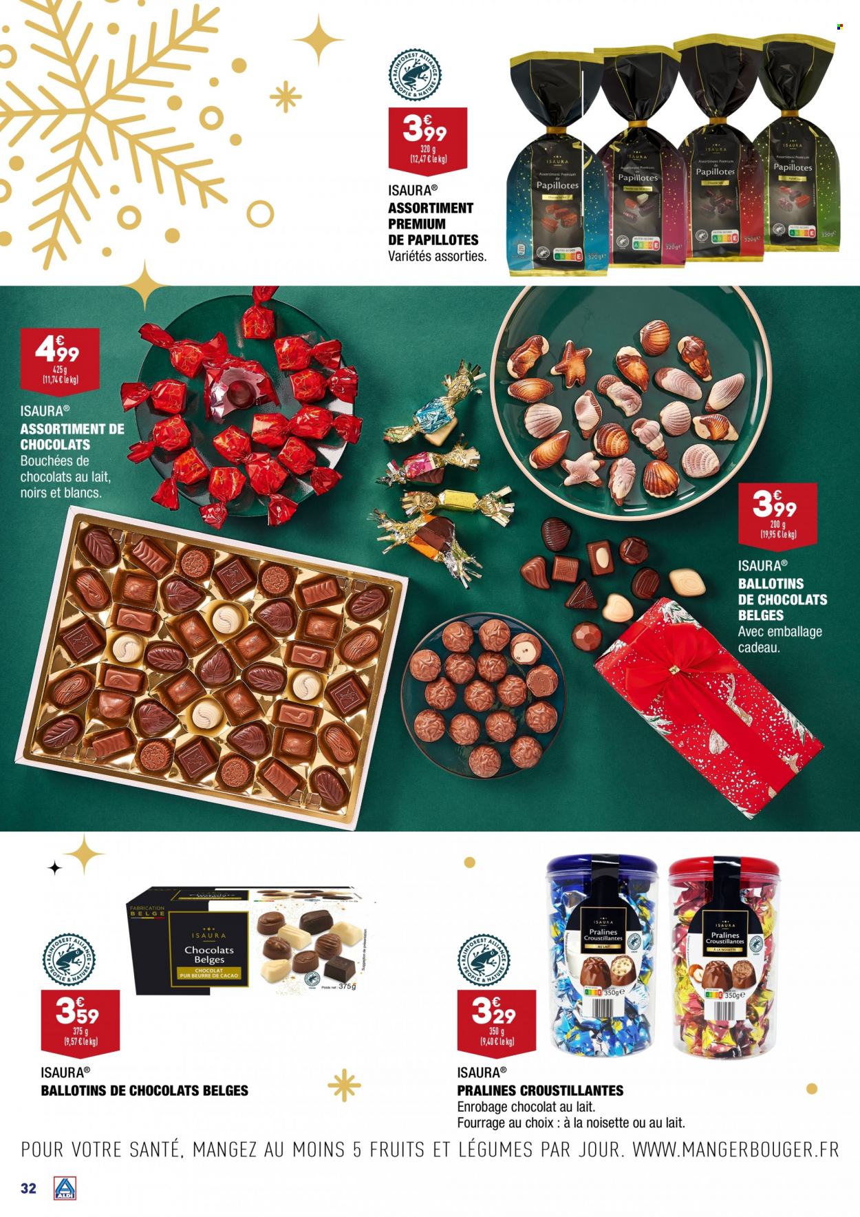 thumbnail - Catalogue ALDI - 31/10/2022 - 31/12/2022 - Produits soldés - bouchées, chocolat, chocolat au lait, pralinés, papillotes, beurre de cacao. Page 32.