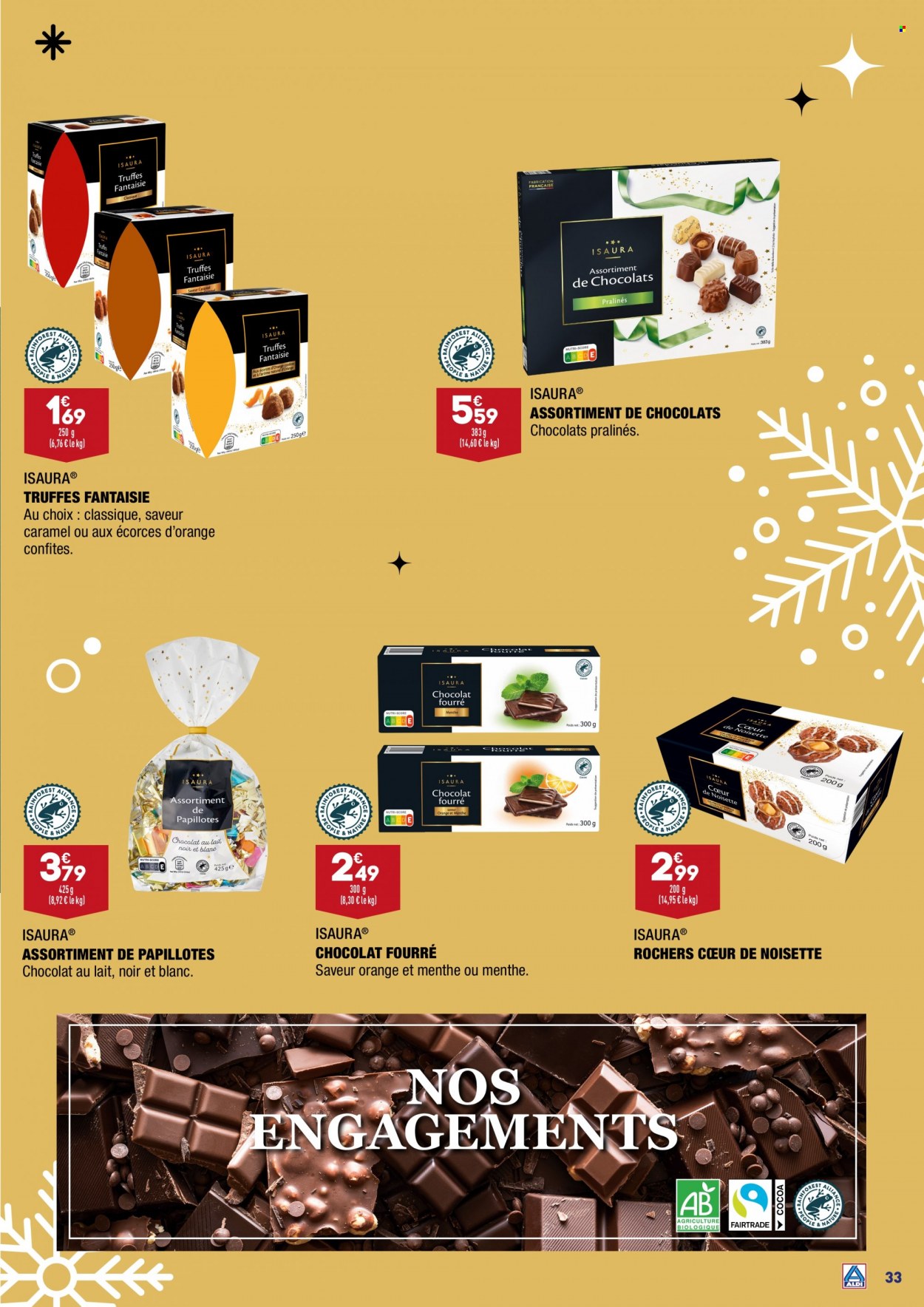 thumbnail - Catalogue ALDI - 31/10/2022 - 31/12/2022 - Produits soldés - chocolat, chocolat au lait, pralinés, truffes, papillotes. Page 33.