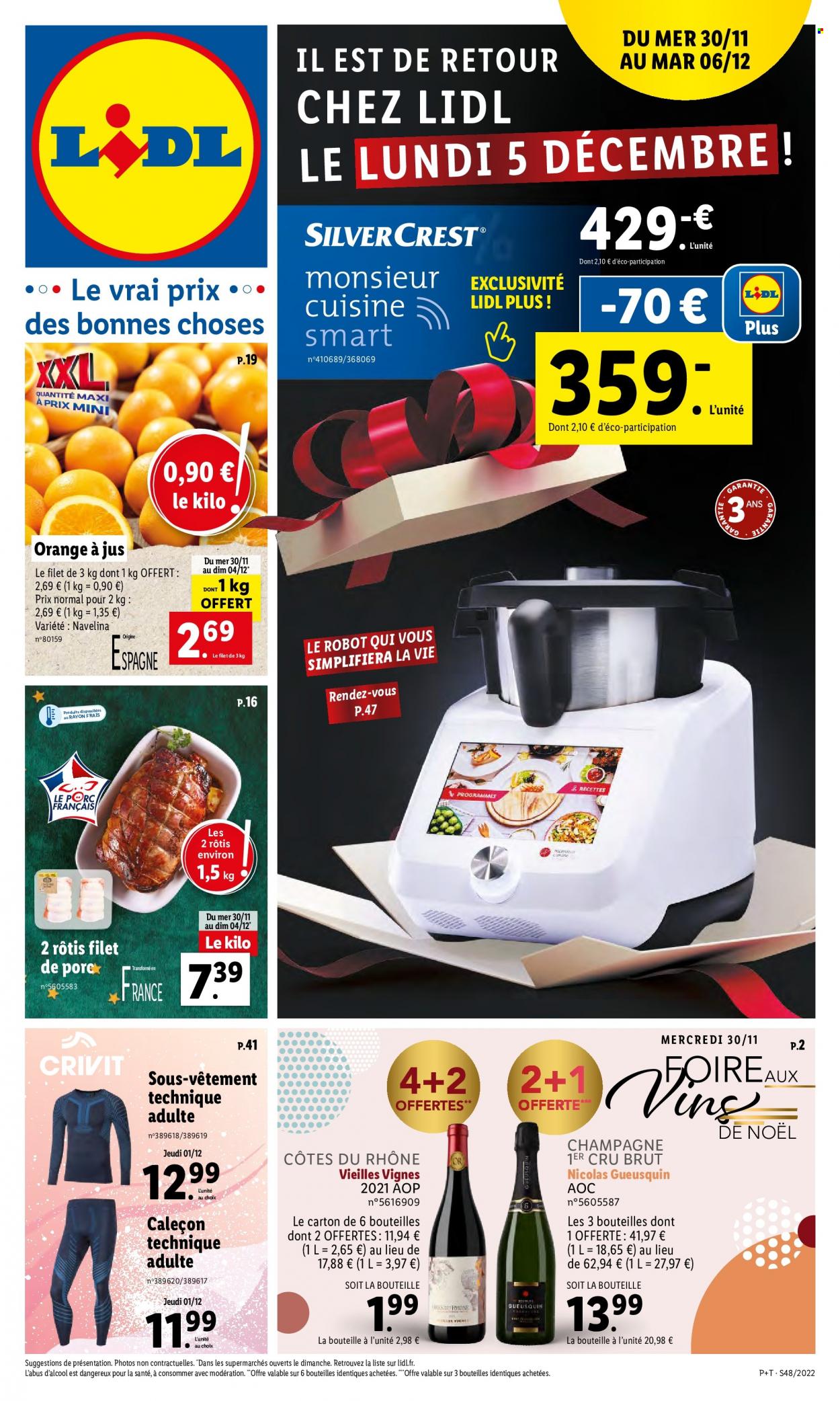 thumbnail - Catalogue Lidl - 30/11/2022 - 06/12/2022 - Produits soldés - rôti de porc, LU, Côtes du Rhône, champagne, vin. Page 1.
