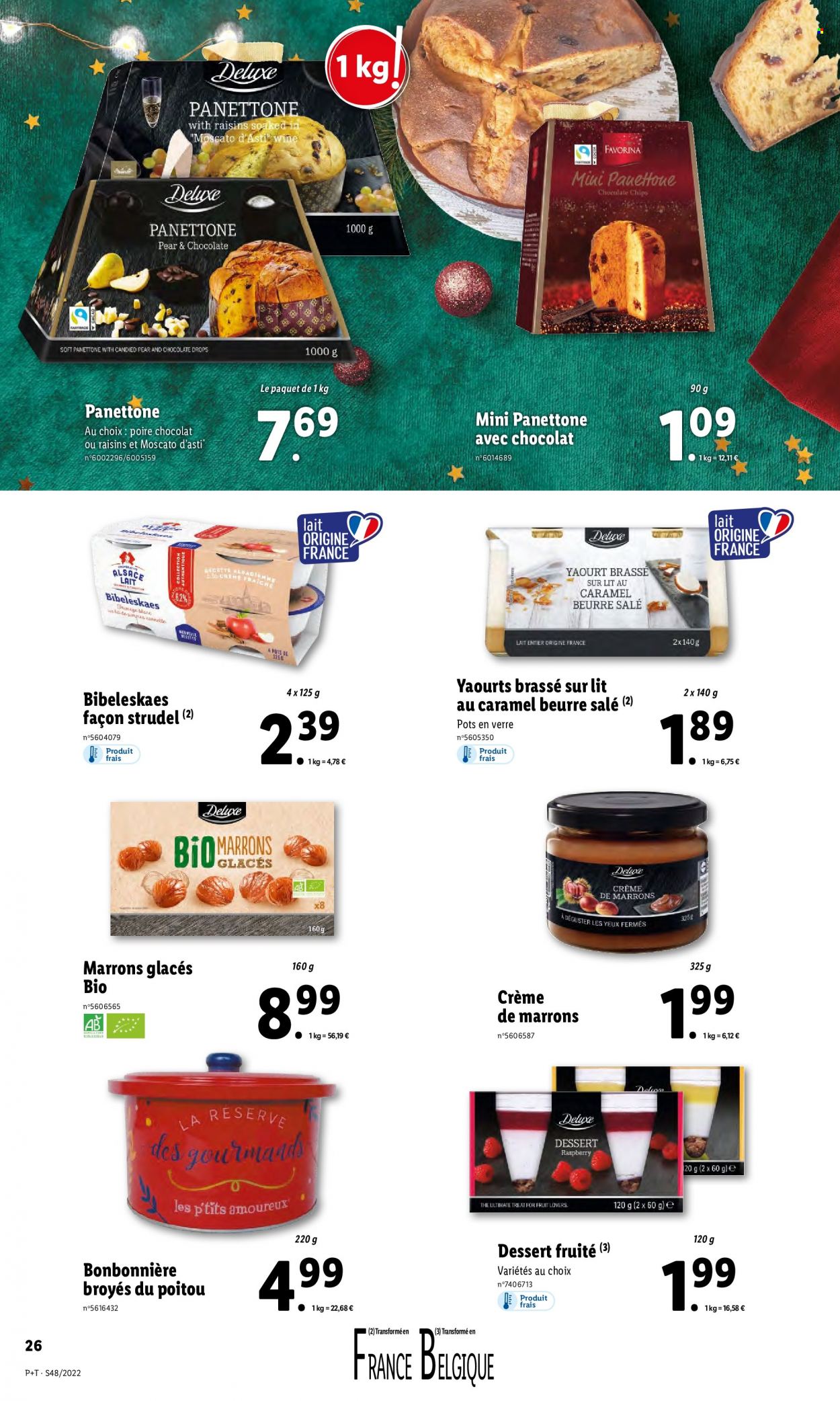 thumbnail - Catalogue Lidl - 30/11/2022 - 06/12/2022 - Produits soldés - dessert, panettone, fromage, yaourt, crème fraîche, bonbonnière, marrons glacés, chips, cannelle. Page 26.