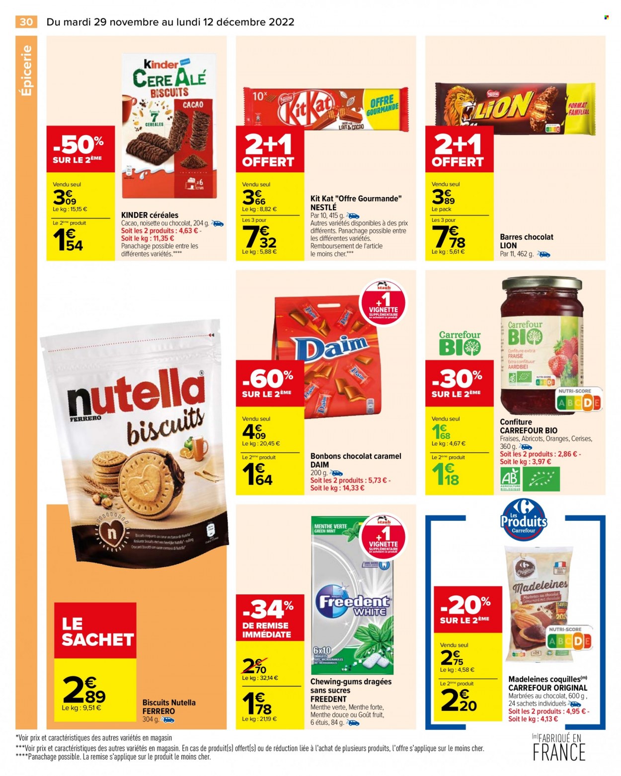thumbnail - Catalogue Carrefour Hypermarchés - 29/11/2022 - 12/12/2022 - Produits soldés - madeleines, Nestlé, biscuits, bonbons, Nutella, Kinder, Daim, Lion, KitKat, céréales, menthe, confiture. Page 34.