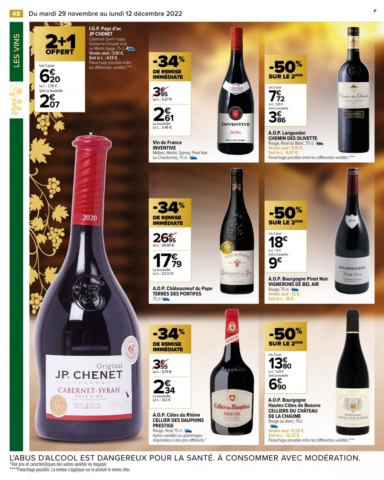 thumbnail - Catalogue Carrefour Hypermarchés - 29/11/2022 - 12/12/2022 - Produits soldés - Côtes du Rhône, Châteauneuf du Pape, vin rouge. Page 52.