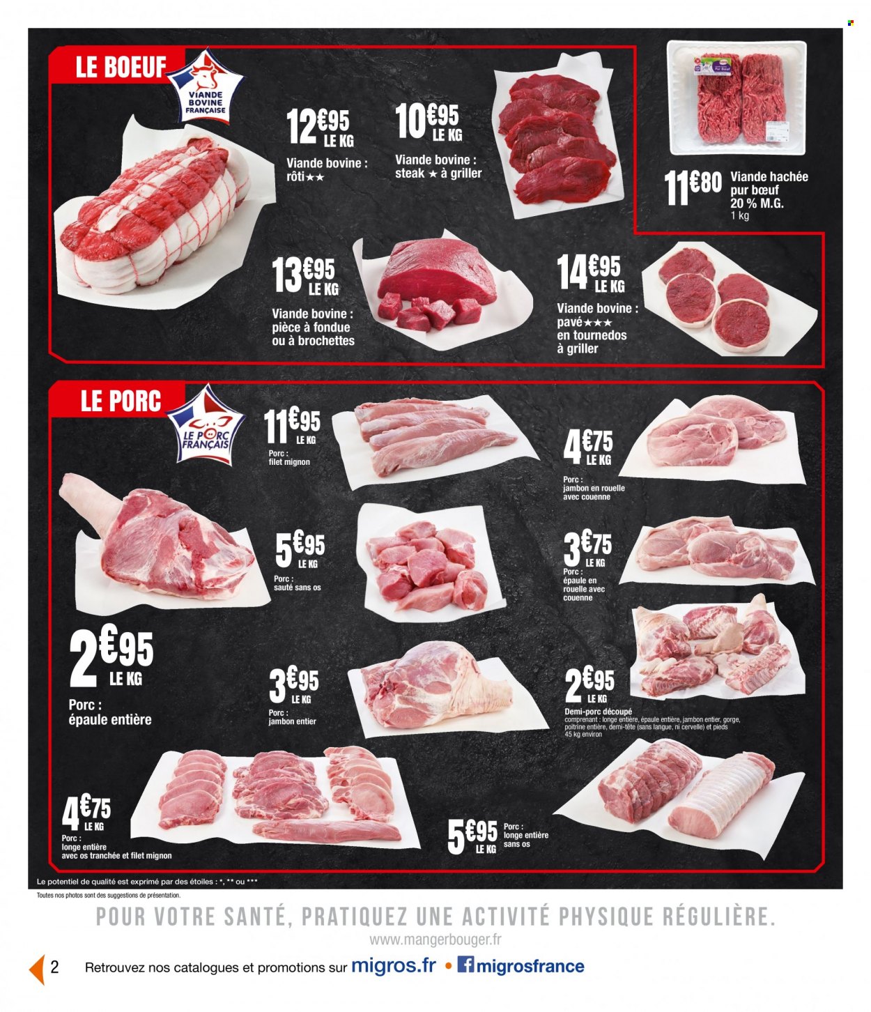 thumbnail - Catalogue Migros France - 30/11/2022 - 11/12/2022 - Produits soldés - steak, filet mignon, pièce à fondue, sauté de porc, viande hachée, jambon. Page 2.