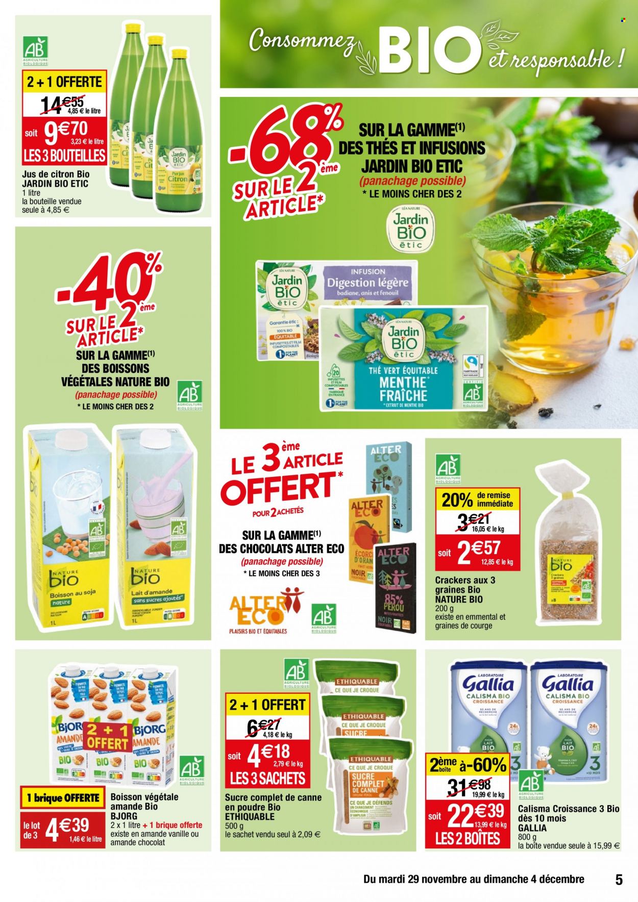 thumbnail - Catalogue Migros France - 29/11/2022 - 04/12/2022 - Produits soldés - Jardin BIO, Bjorg, boisson végétale, chocolat, crackers, sucre. Page 5.