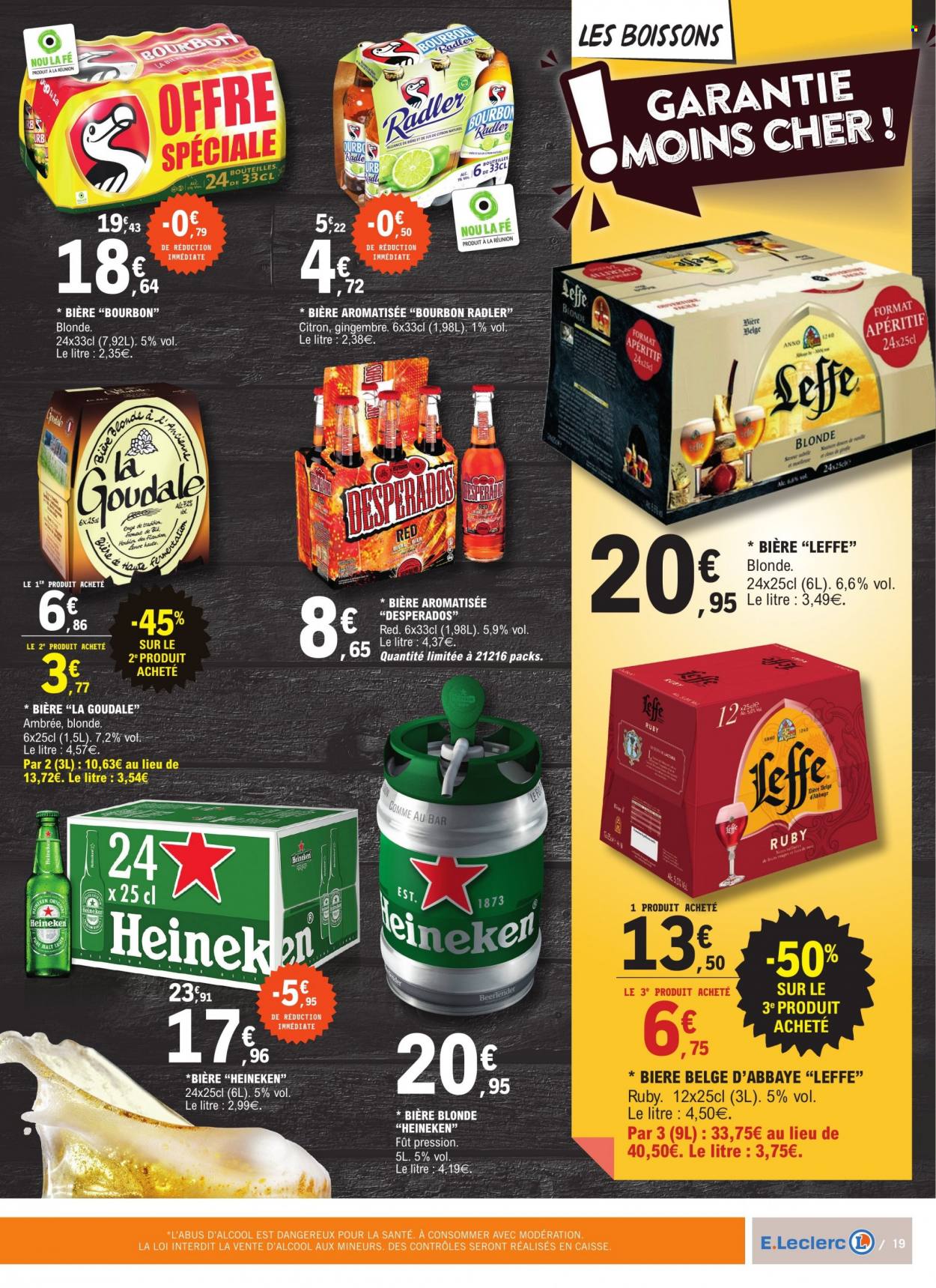 thumbnail - Catalogue E.Leclerc - 29/11/2022 - 11/12/2022 - Produits soldés - Leffe, bière, bière blonde, Heineken, Goudale, gingembre, apéritif. Page 19.