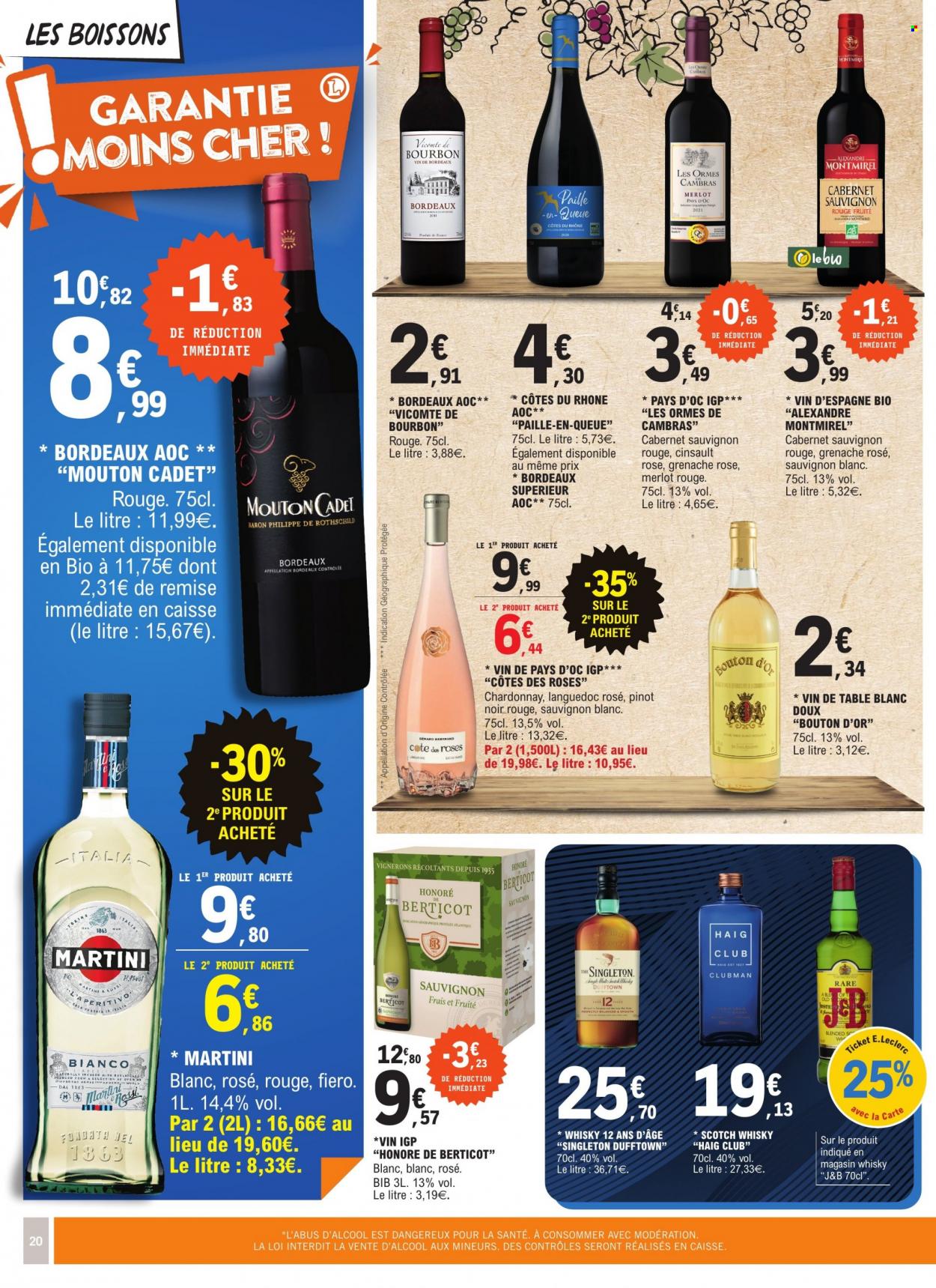 thumbnail - Catalogue E.Leclerc - 29/11/2022 - 11/12/2022 - Produits soldés - Bordeaux, Côtes du Rhône, vin blanc, vin rouge, Sauvignon Blanc, vin, Cabernet Sauvignon, whisky, Martini, J&B. Page 20.