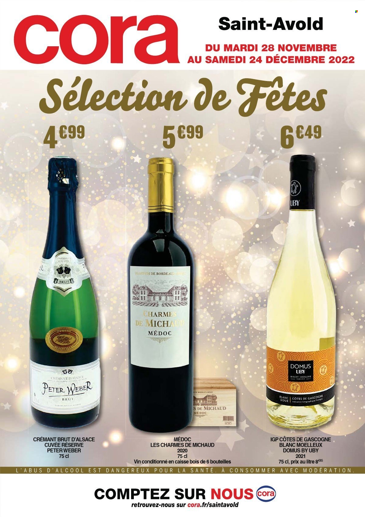 thumbnail - Catalogue Cora - 28/11/2022 - 24/12/2022 - Produits soldés - Bordeaux, Côtes de Gascogne, Crémant d’Alsace, champagne, vin rouge, vin. Page 1.