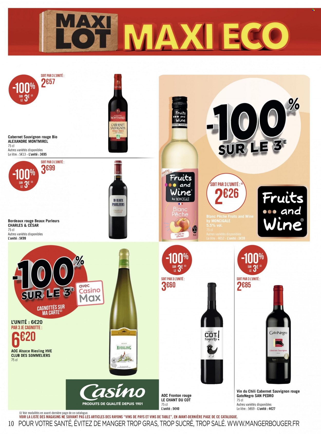 thumbnail - Catalogue Géant Casino - Produits soldés - alcool, Bordeaux, vin blanc, vin rouge, vin, Cabernet Sauvignon, Riesling. Page 10.