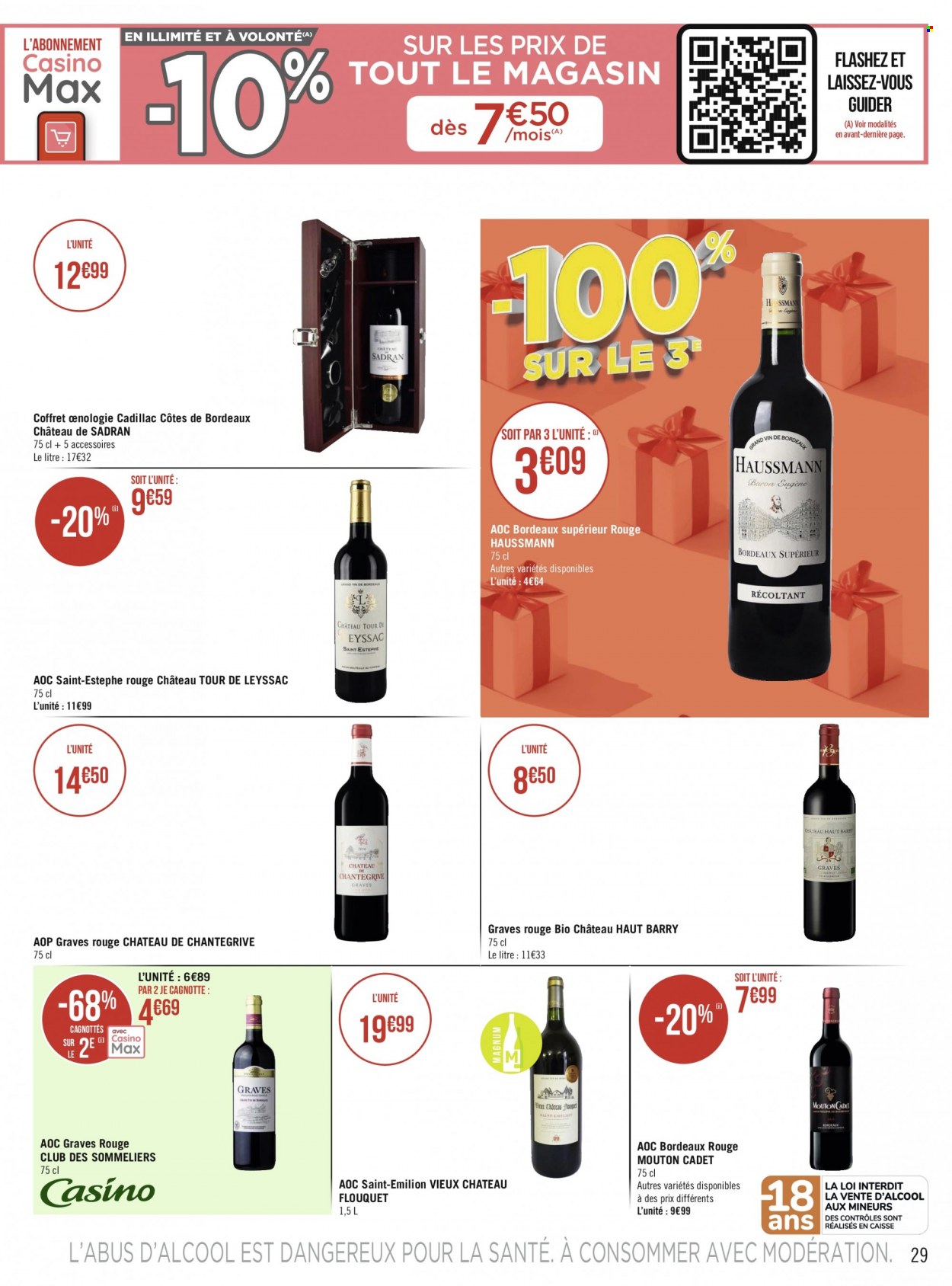 thumbnail - Catalogue Géant Casino - Produits soldés - Bordeaux, vin rouge, vin, coffret. Page 29.