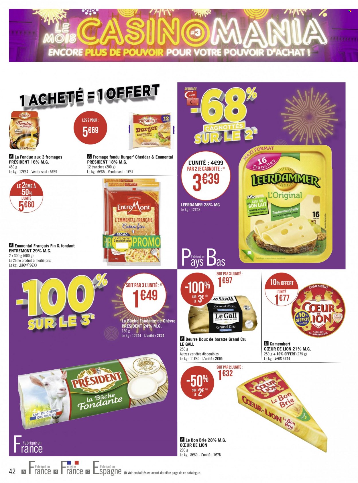 thumbnail - Catalogue Géant Casino - Produits soldés - Brie, camembert, fromage, Président, la fondue, beurre. Page 42.