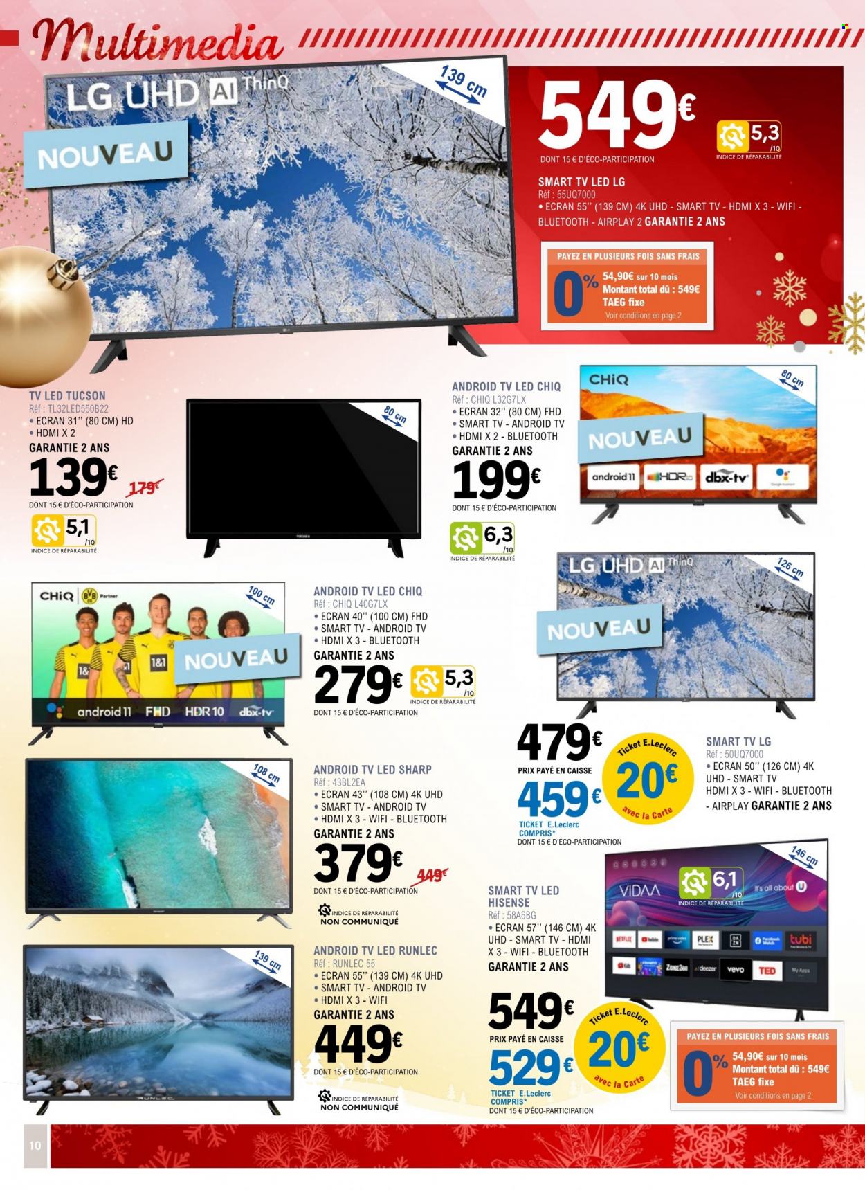 thumbnail - Catalogue E.Leclerc - 29/11/2022 - 24/12/2022 - Produits soldés - Sharp, LG, Hisense, téléviseur, android tv, téléviseur LED, smart tv, TUCSON. Page 10.