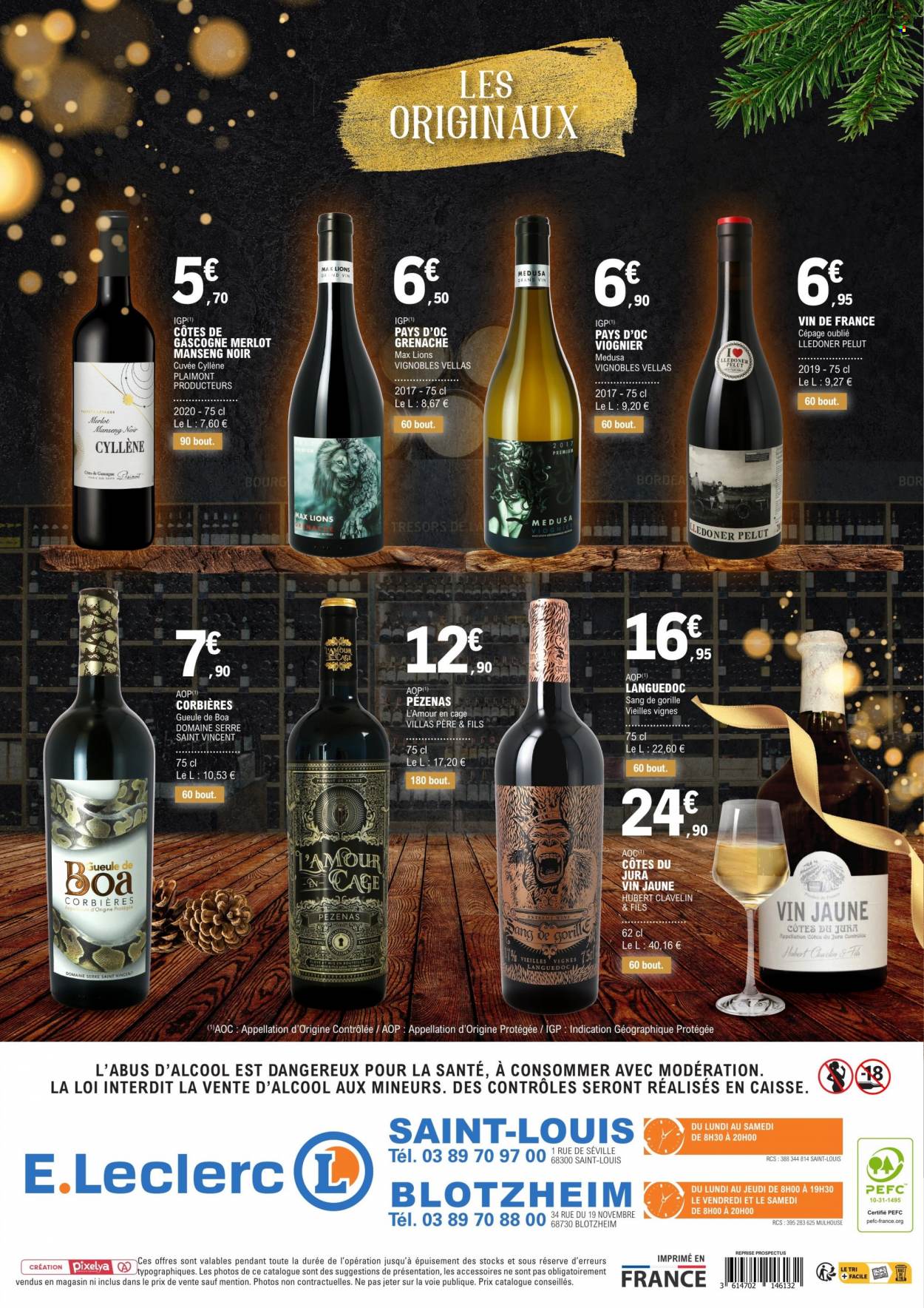 thumbnail - Catalogue E.Leclerc - 29/11/2022 - 31/12/2022 - Produits soldés - Corbières, Côtes de Gascogne, vin rouge, vin, boa. Page 20.