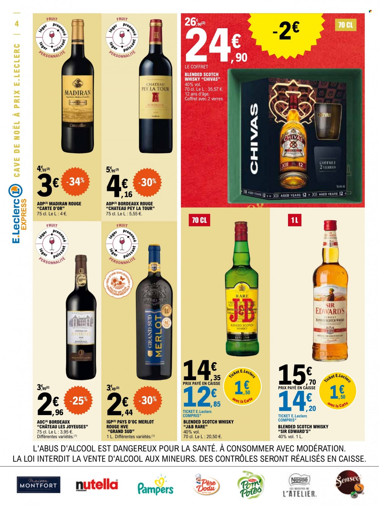 thumbnail - Catalogue E.Leclerc - 29/11/2022 - 10/12/2022 - Produits soldés - Père Dodu, Nestlé, Nutella, Bordeaux, vin rouge, J&B, Pampers, maison. Page 4.