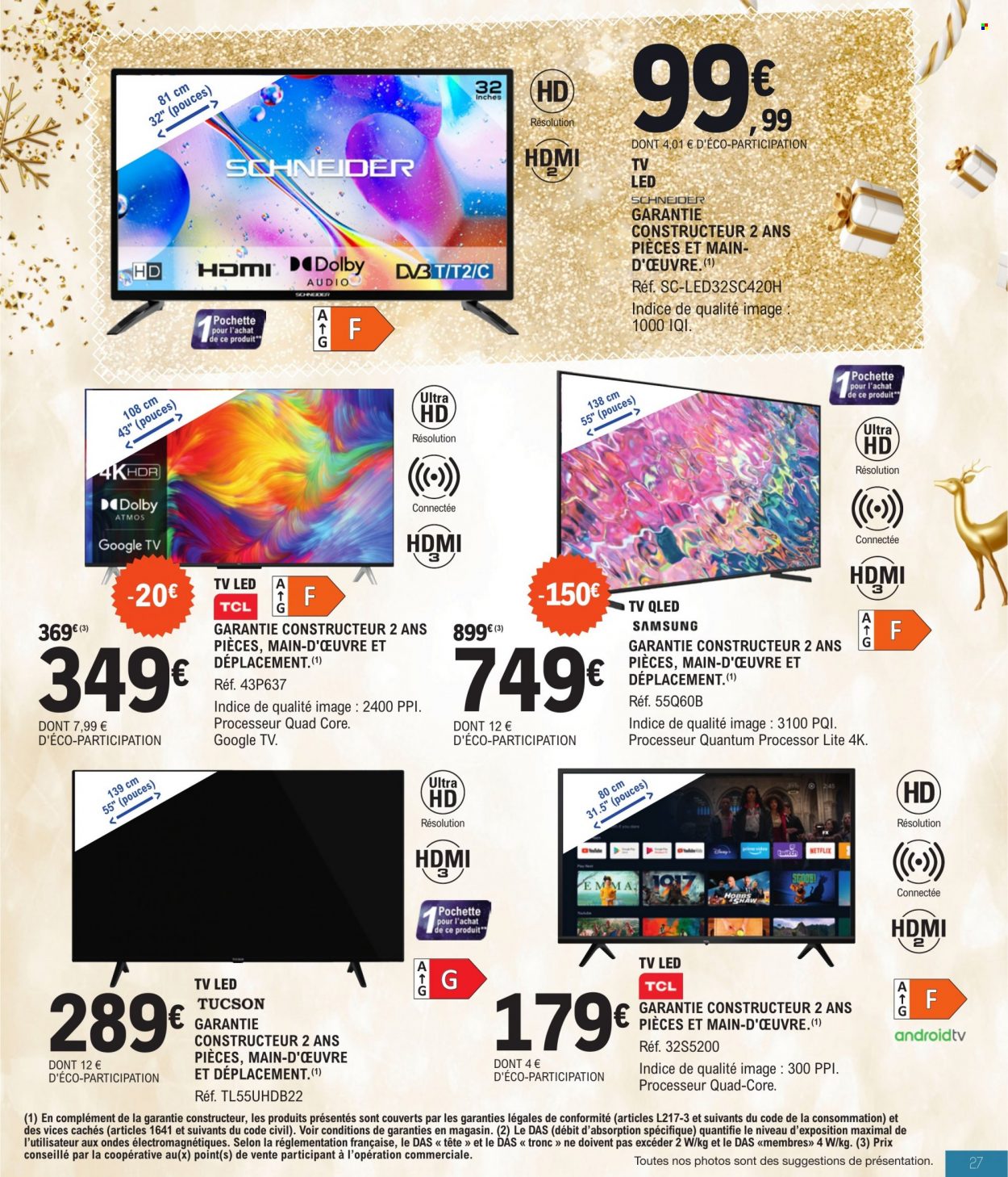 thumbnail - Catalogue E.Leclerc - 29/11/2022 - 17/12/2022 - Produits soldés - Samsung, téléviseur, téléviseur LED, TV QLED, TCL, TUCSON, pochette. Page 27.