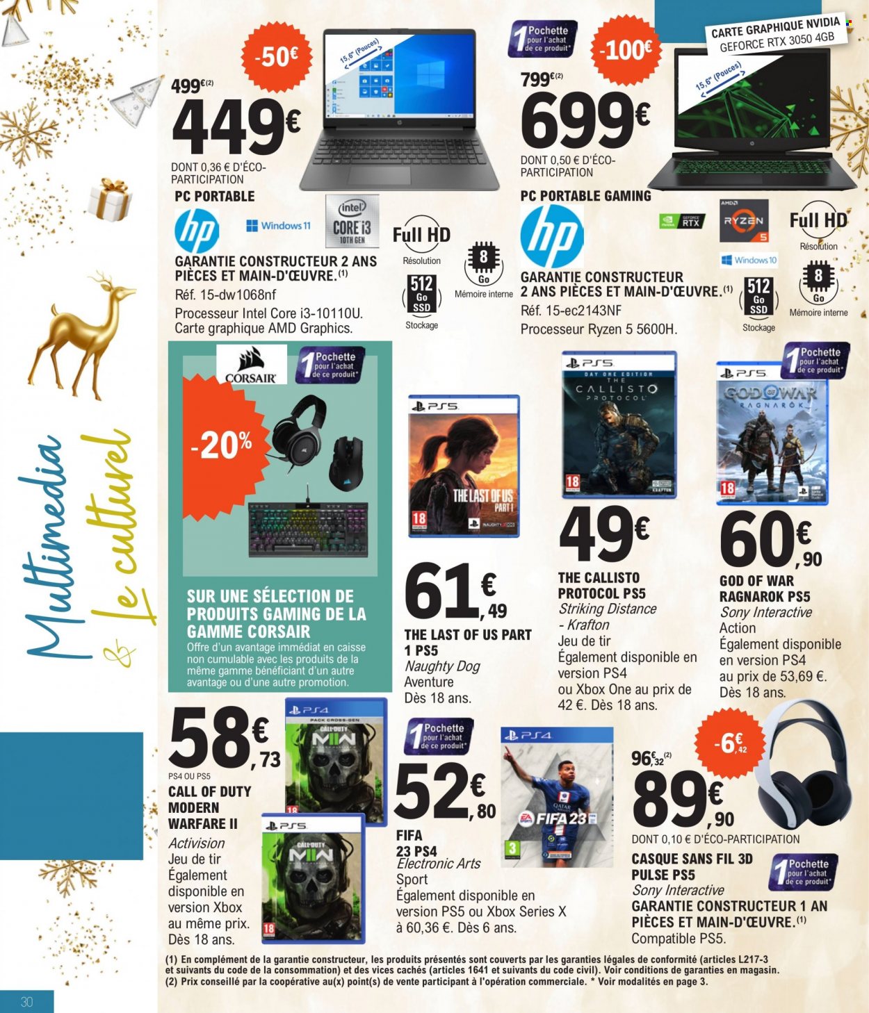 thumbnail - Catalogue E.Leclerc - 29/11/2022 - 17/12/2022 - Produits soldés - casque, Sony, pc portable, Hewlett Packard, Nvidia, Xbox One, PS5, pochette. Page 30.