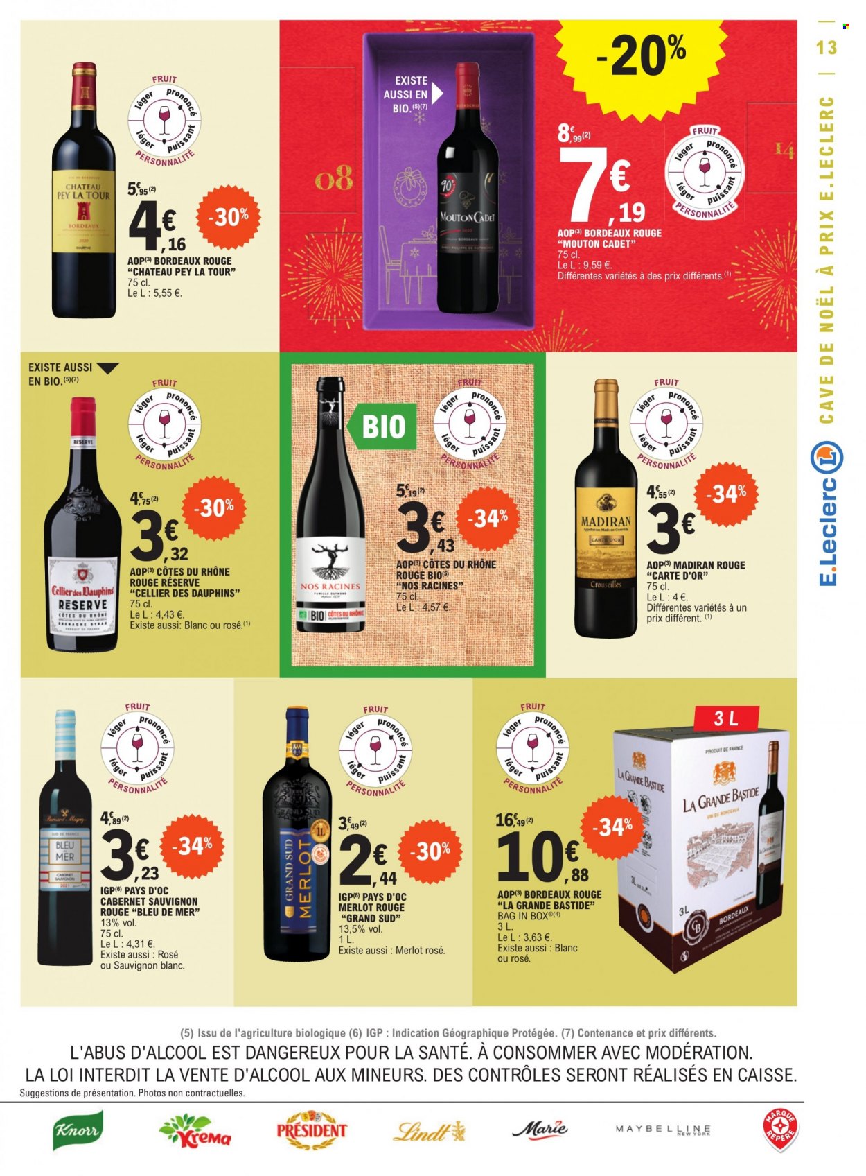 thumbnail - Catalogue E.Leclerc - 29/11/2022 - 10/12/2022 - Produits soldés - Maybelline, Knorr, Président, Lindt, Bordeaux, Côtes du Rhône, vin blanc, vin rouge, Sauvignon Blanc, vin, Cabernet Sauvignon. Page 13.