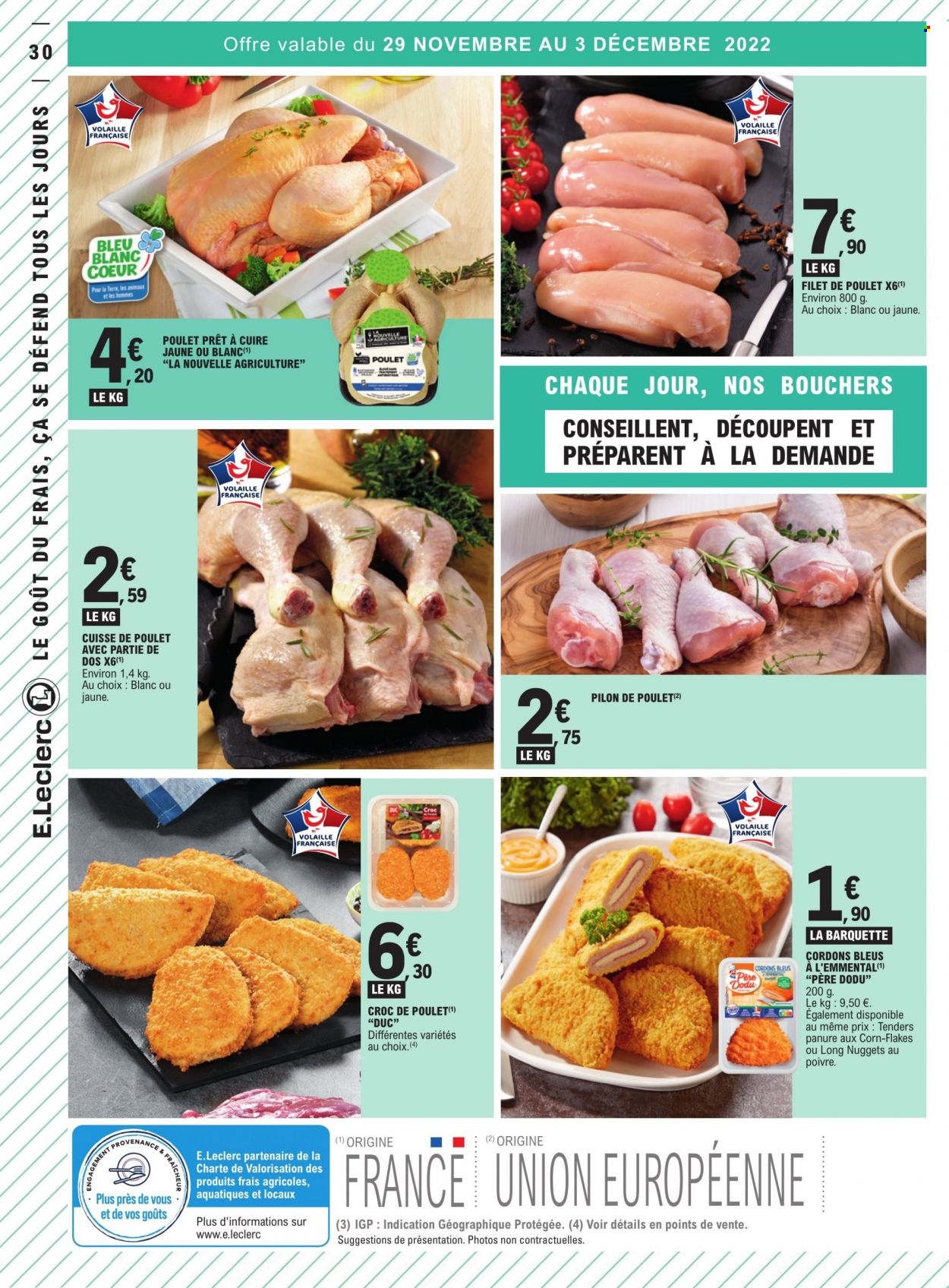 thumbnail - Catalogue E.Leclerc - 29/11/2022 - 10/12/2022 - Produits soldés - filet de poulet, viande de poulet, Père Dodu, cuisse de poulet, cordon bleu, fromage. Page 30.