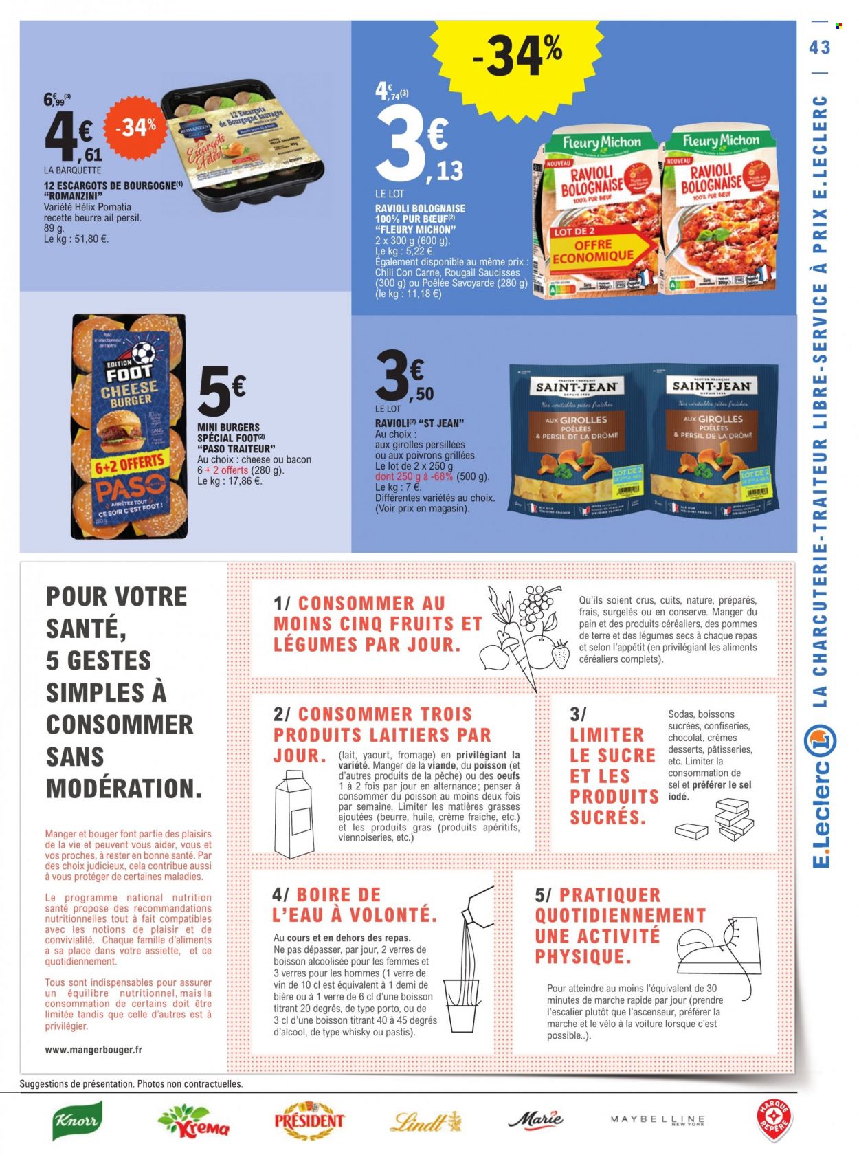 thumbnail - Catalogue E.Leclerc - 29/11/2022 - 10/12/2022 - Produits soldés - Maybelline, pommes de terre, ravioli, Fleury Michon, Knorr, bacon, saucisse, Président, crème fraîche, Lindt, persil, verre. Page 43.