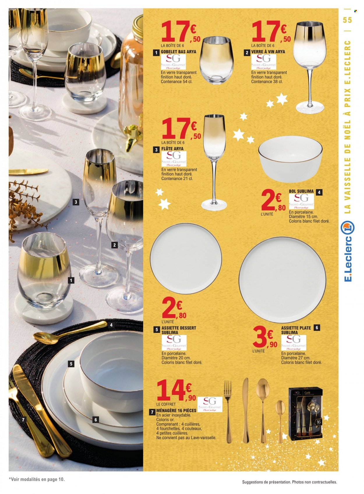 thumbnail - Catalogue E.Leclerc - 29/11/2022 - 10/12/2022 - Produits soldés - assiette, ménagère, verre, fourchette, flûte. Page 55.