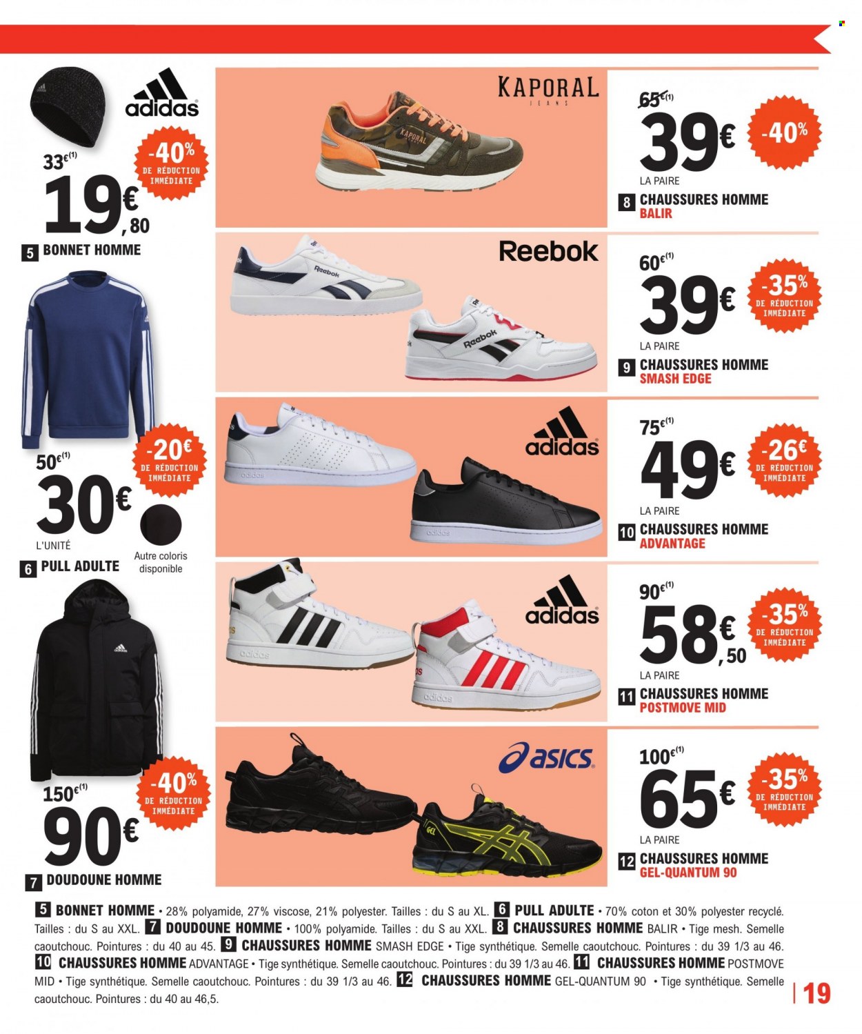 thumbnail - Catalogue E.Leclerc - 29/11/2022 - 24/12/2022 - Produits soldés - Adidas, Asics, Reebok, Kaporal, doudoune, jeans, pull, bonnet. Page 19.