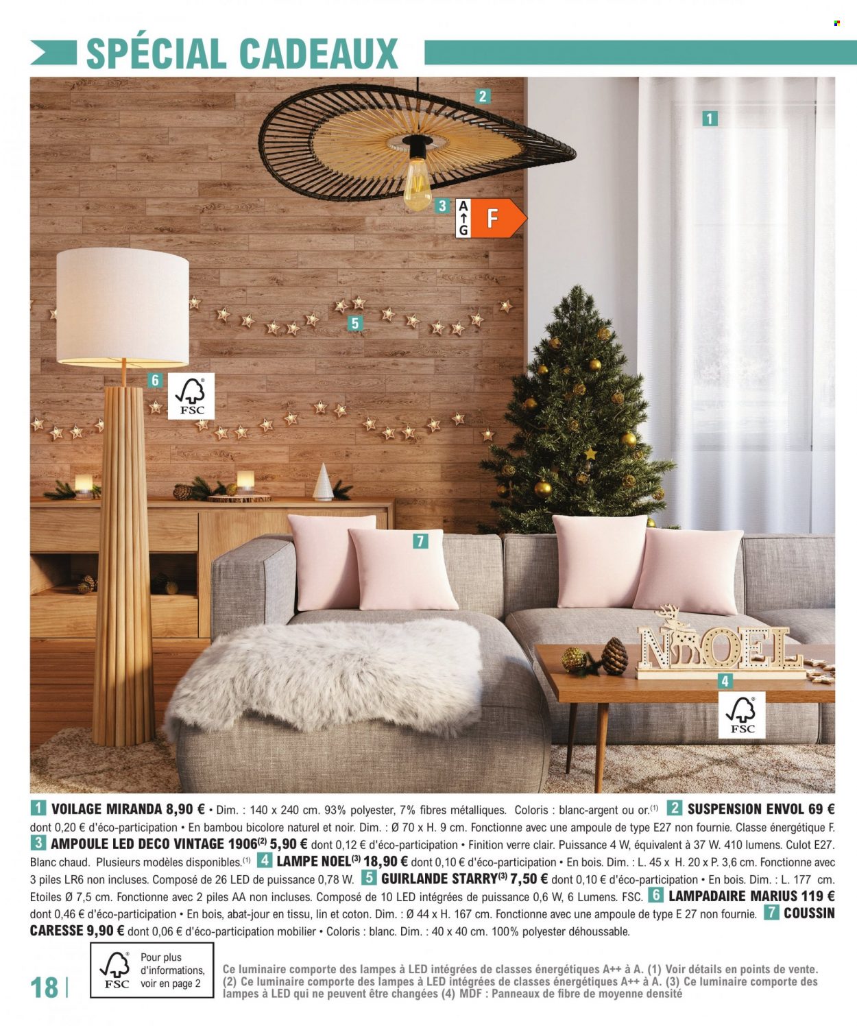 thumbnail - Catalogue E.Leclerc - 29/11/2022 - 17/12/2022 - Produits soldés - verre, ampoule LED, voilage, coussin, guirlande, lampadaire. Page 18.