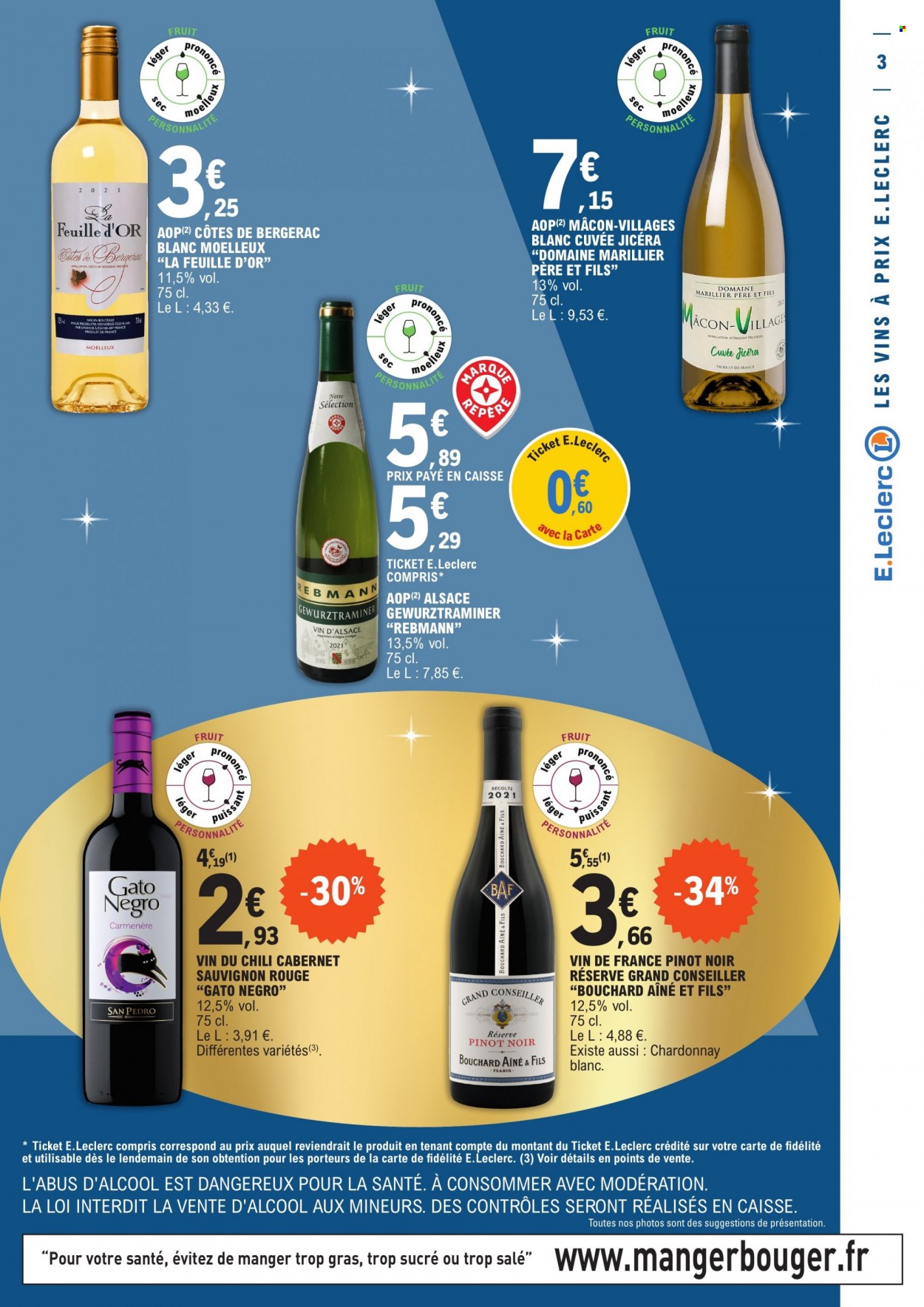 thumbnail - Catalogue E.Leclerc - 28/11/2022 - 10/12/2022 - Produits soldés - vin blanc, vin d’Alsace, vin rouge, Cabernet Sauvignon, Côtes de Bergerac. Page 3.