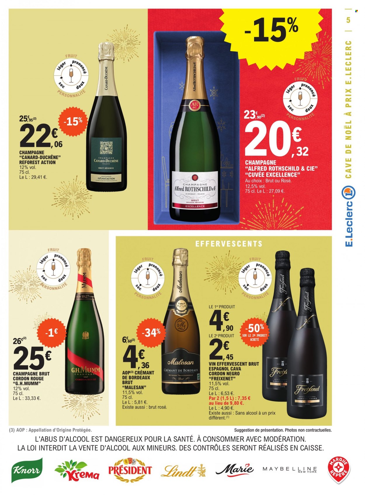 thumbnail - Catalogue E.Leclerc - 29/11/2022 - 10/12/2022 - Produits soldés - Maybelline, Knorr, Président, Lindt, Bordeaux, champagne, vin rouge, vin, Crémant de Bordeaux. Page 5.