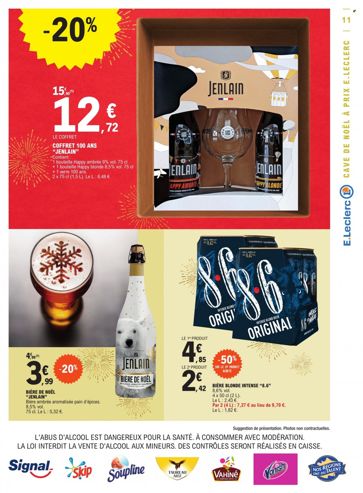 thumbnail - Catalogue E.Leclerc - 29/11/2022 - 10/12/2022 - Produits soldés - bière, bière blonde, pain d’épices, Skip, Soupline, Signal, verre. Page 11.