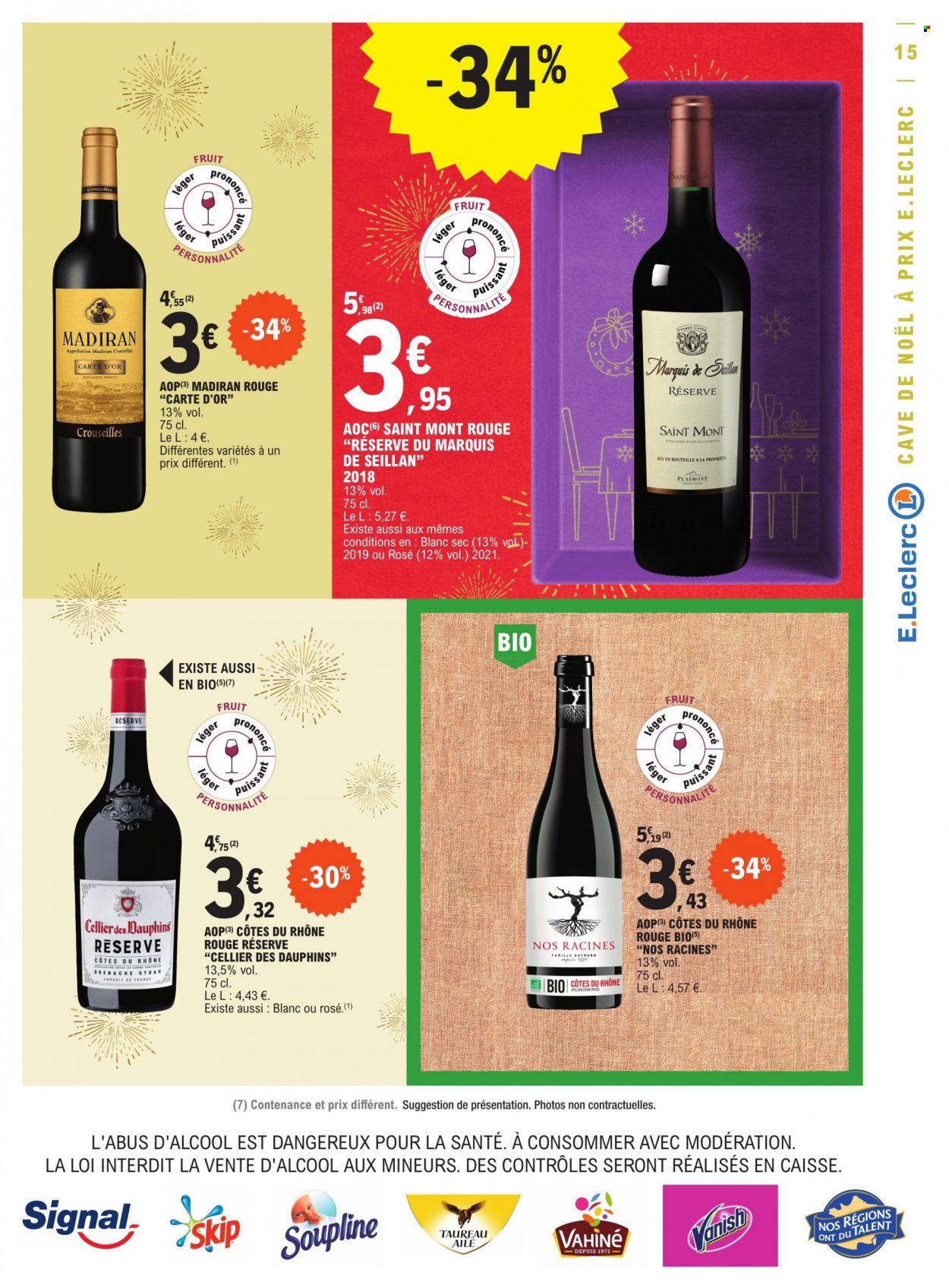 thumbnail - Catalogue E.Leclerc - 29/11/2022 - 10/12/2022 - Produits soldés - Côtes du Rhône, vin, Vanish, Skip, Soupline, Signal. Page 15.