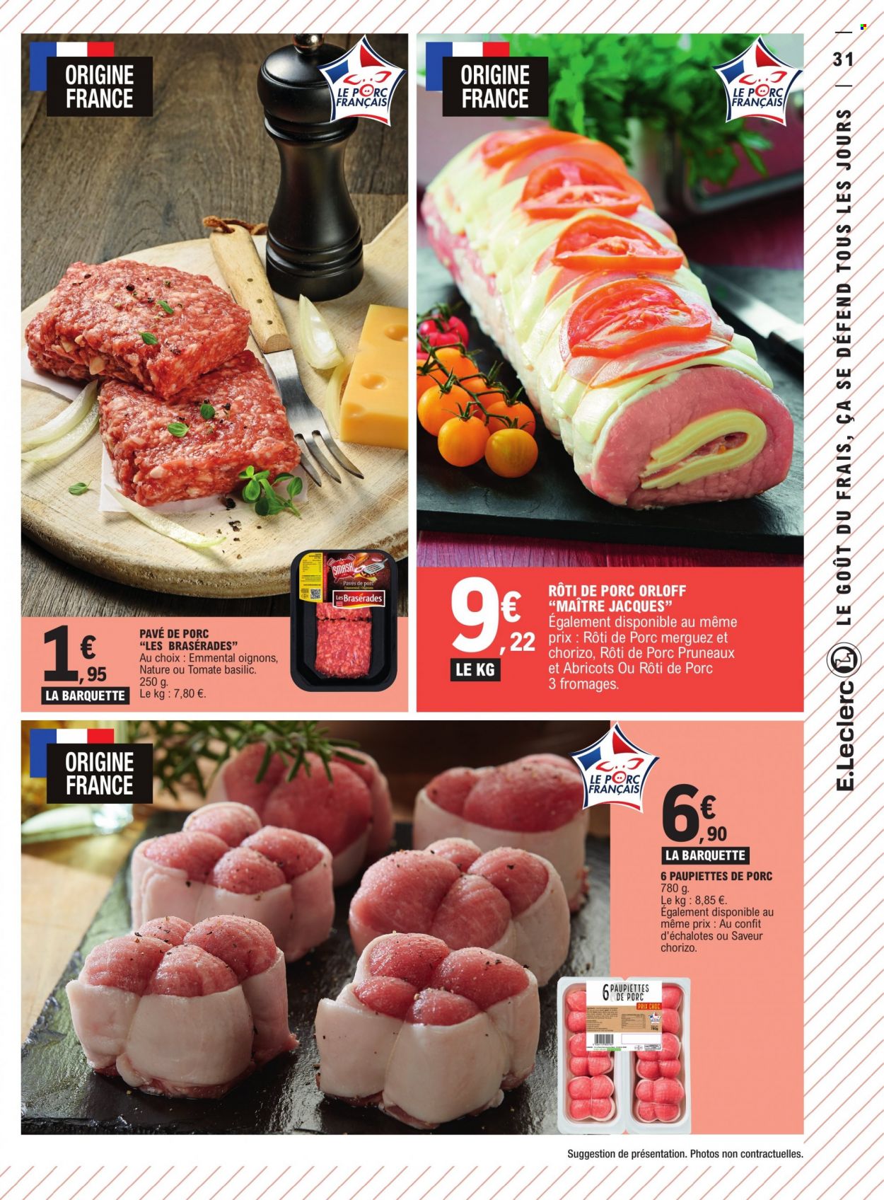 thumbnail - Catalogue E.Leclerc - 29/11/2022 - 10/12/2022 - Produits soldés - rôti de porc, viande de porc, paupiette, oignons, échalotes, merguez, emmental, fromage. Page 31.