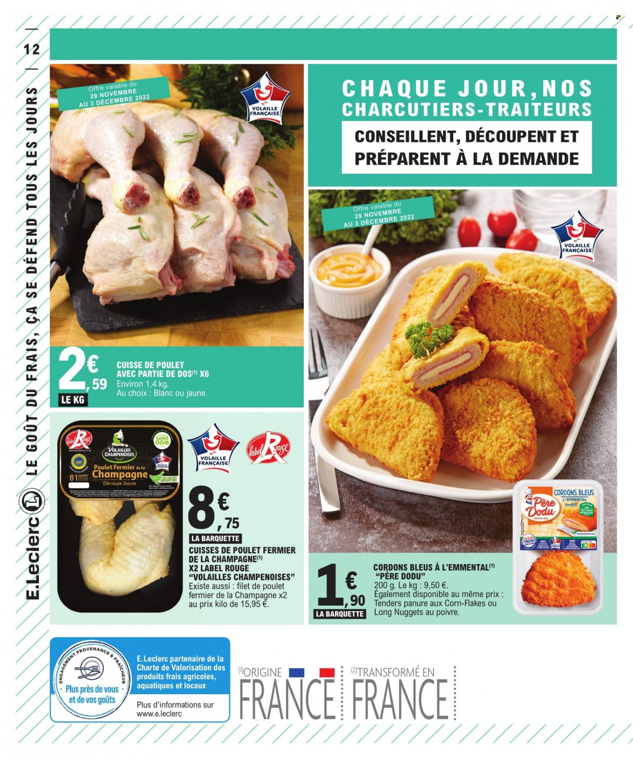 thumbnail - Catalogue E.Leclerc - 29/11/2022 - 10/12/2022 - Produits soldés - alcool, filet de poulet, cuisses de poulet, viande de poulet, Père Dodu, cuisse de poulet, cordon bleu, fromage. Page 12.