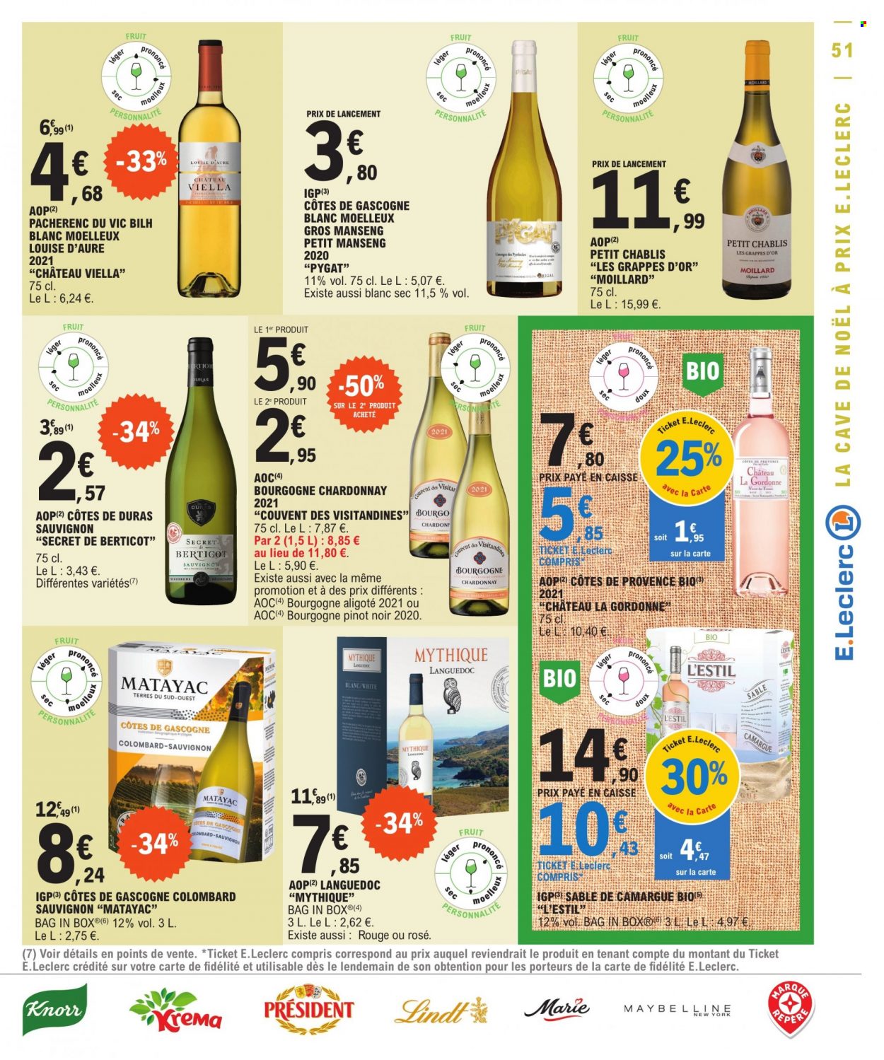 thumbnail - Catalogue E.Leclerc - 29/11/2022 - 10/12/2022 - Produits soldés - alcool, Maybelline, Knorr, Président, Lindt, Côtes de Gascogne, vin, Cabernet Sauvignon. Page 51.