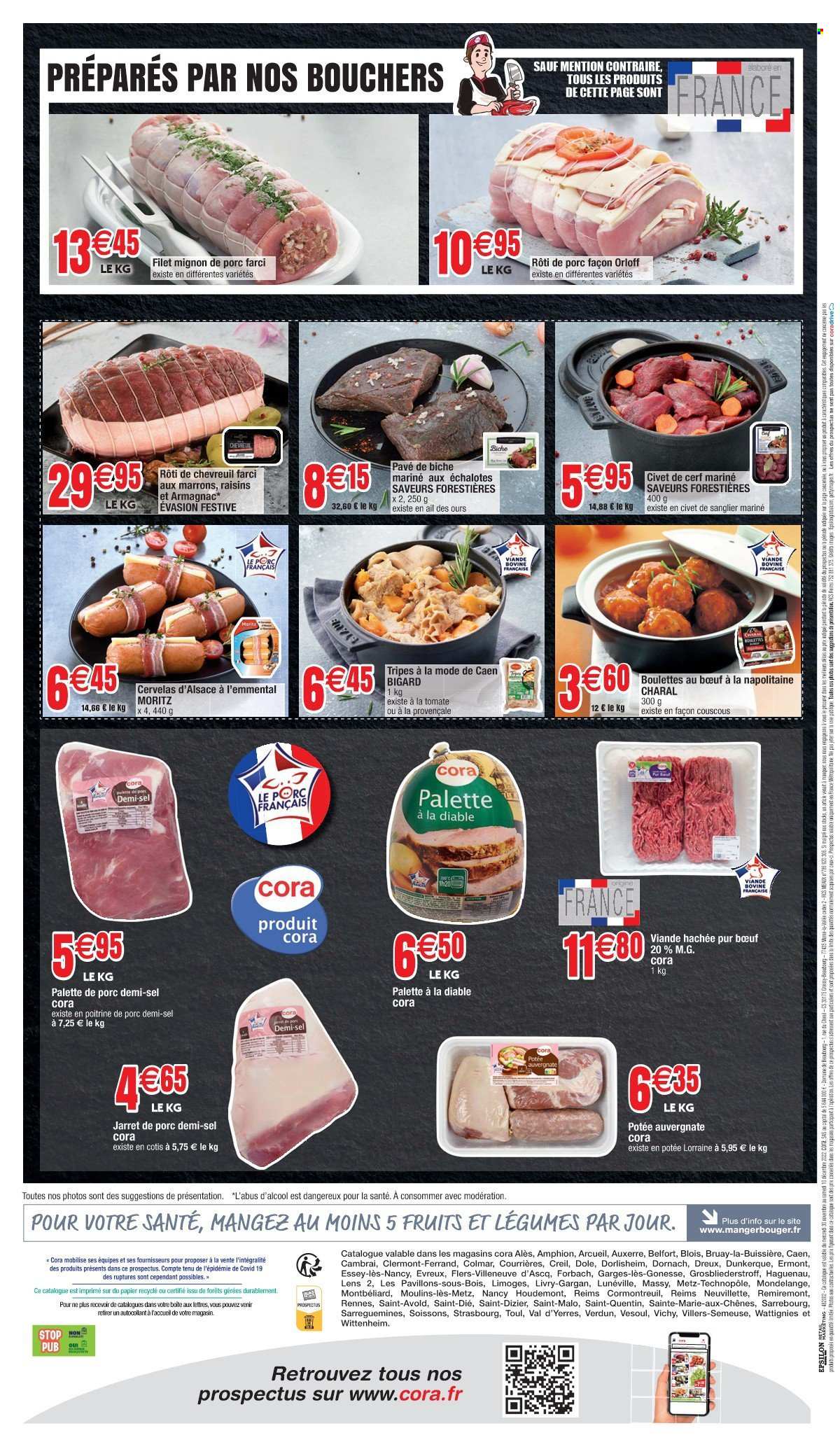 thumbnail - Catalogue Cora - 30/11/2022 - 10/12/2022 - Produits soldés - rôti de porc, poitrine de porc, palette de porc, palette à la diable, marrons, boulettes de bœuf, viande hachée, viande de cerf, viande de sanglier, cervelas, couscous, armagnac, Vichy. Page 4.