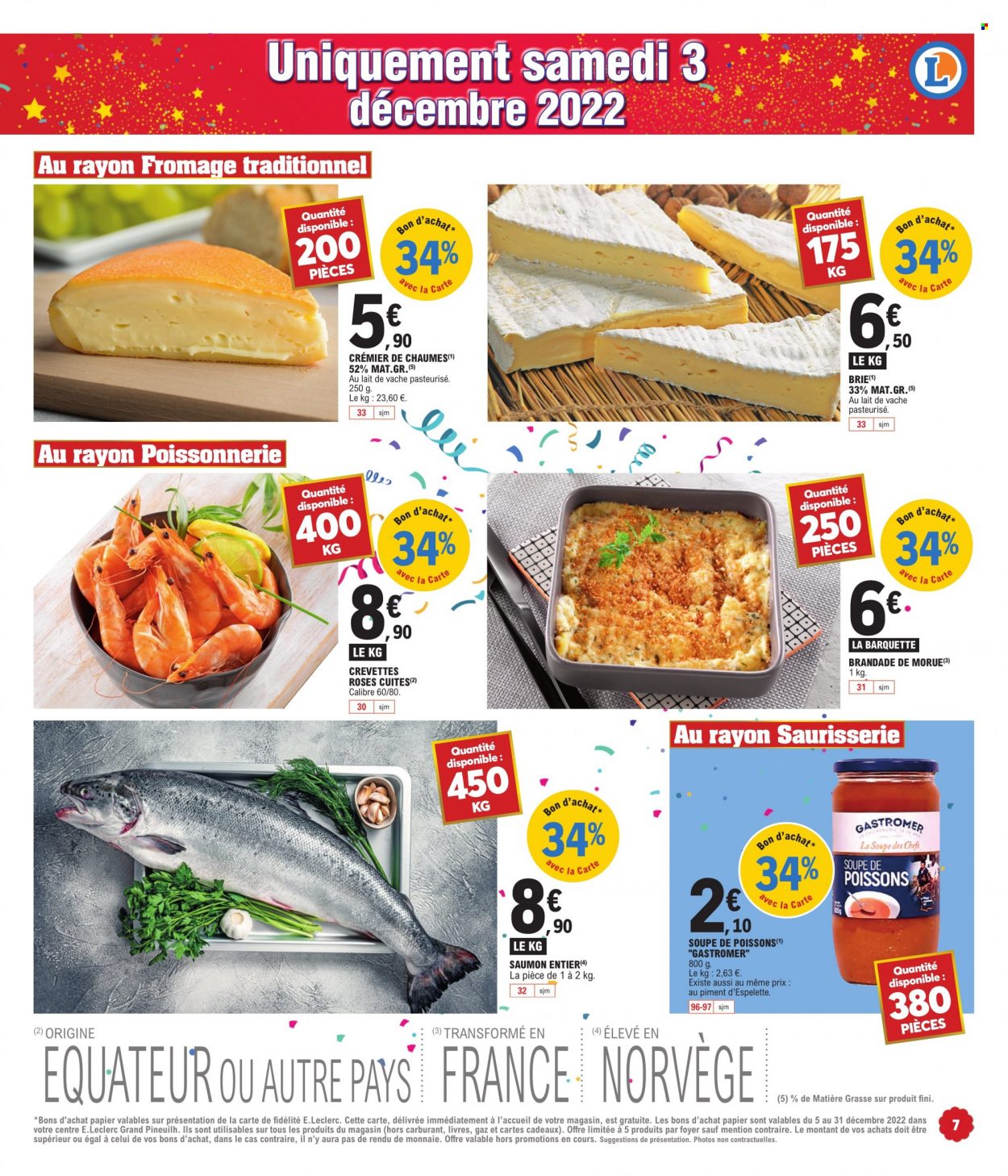 thumbnail - Catalogue E.Leclerc - 02/12/2022 - 04/12/2022 - Produits soldés - crevettes, soupe, brandade, Brie, fromage. Page 7.