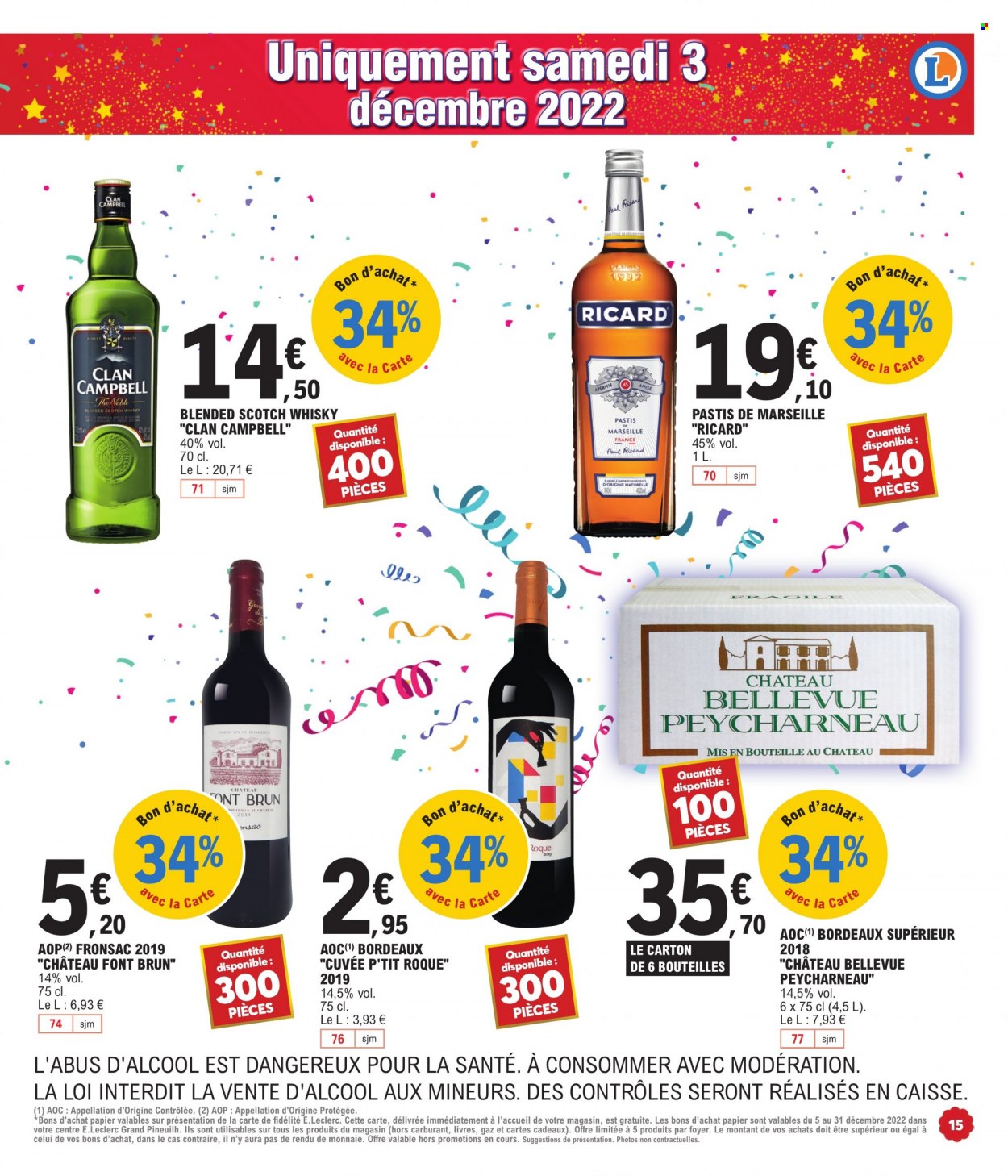 thumbnail - Catalogue E.Leclerc - 02/12/2022 - 04/12/2022 - Produits soldés - Bordeaux, vin rouge, vin, whisky, pastis. Page 15.
