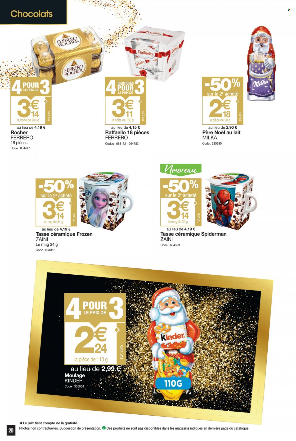 thumbnail - Catalogue Promocash - 01/12/2022 - 10/12/2022 - Produits soldés - Milka, Ferrero Rocher, chocolat, Kinder, Raffaello, père noël, Spiderman, mug. Page 20.
