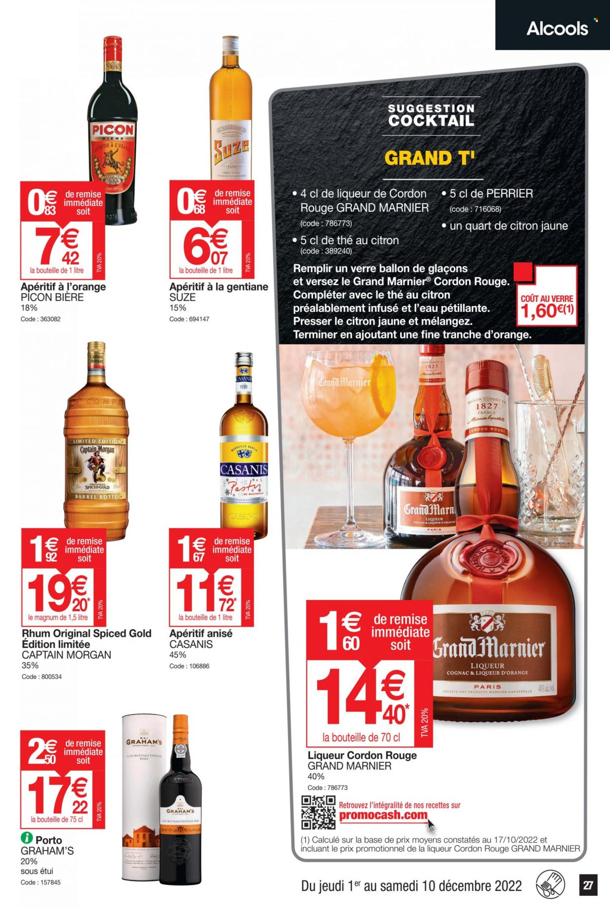thumbnail - Catalogue Promocash - 01/12/2022 - 10/12/2022 - Produits soldés - Perrier, thé, Captain Morgan, cognac, Grand Marnier, rhum, liqueur, apéritif, verre. Page 27.