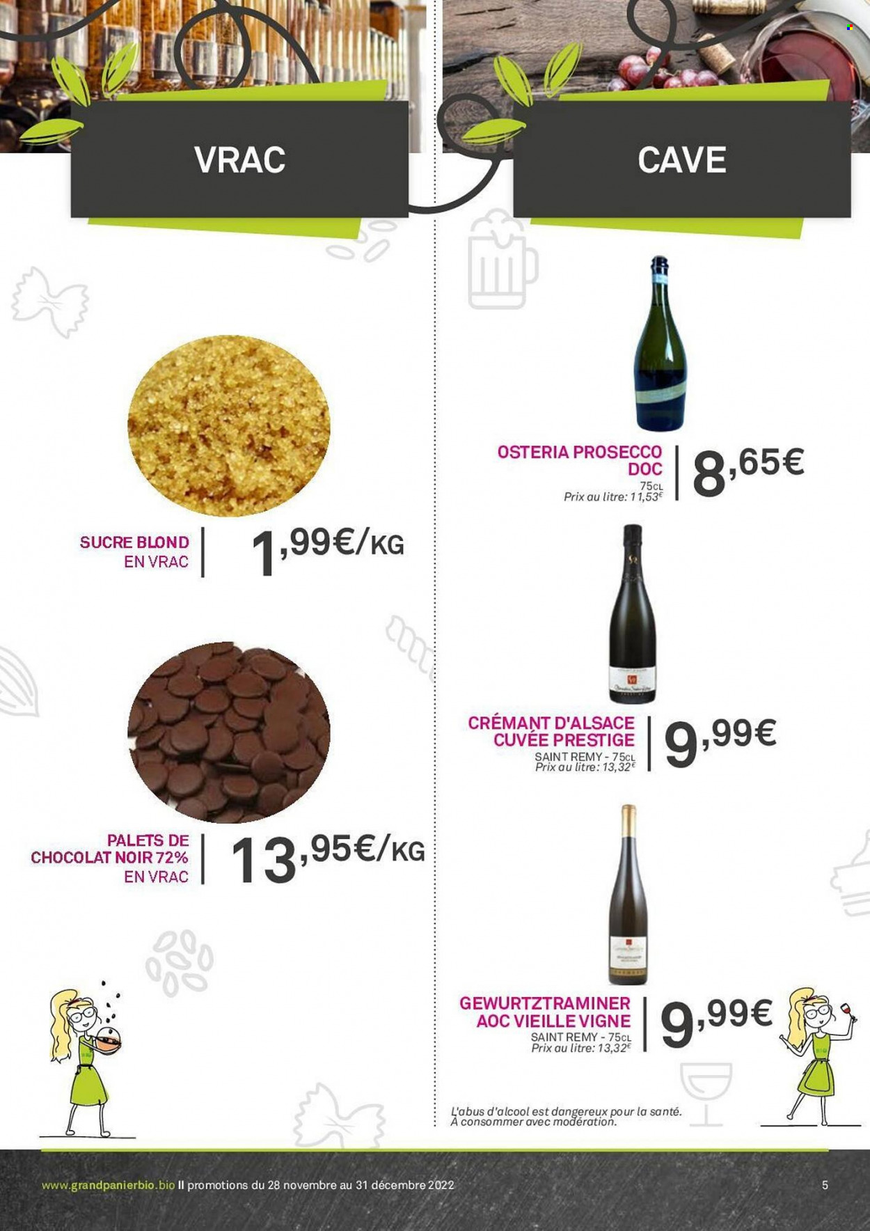 thumbnail - Catalogue Le grand panier bio - 28/11/2022 - 31/12/2022 - Produits soldés - chocolat, chocolat noir, sucre, Crémant d’Alsace, champagne, Prosecco. Page 5.