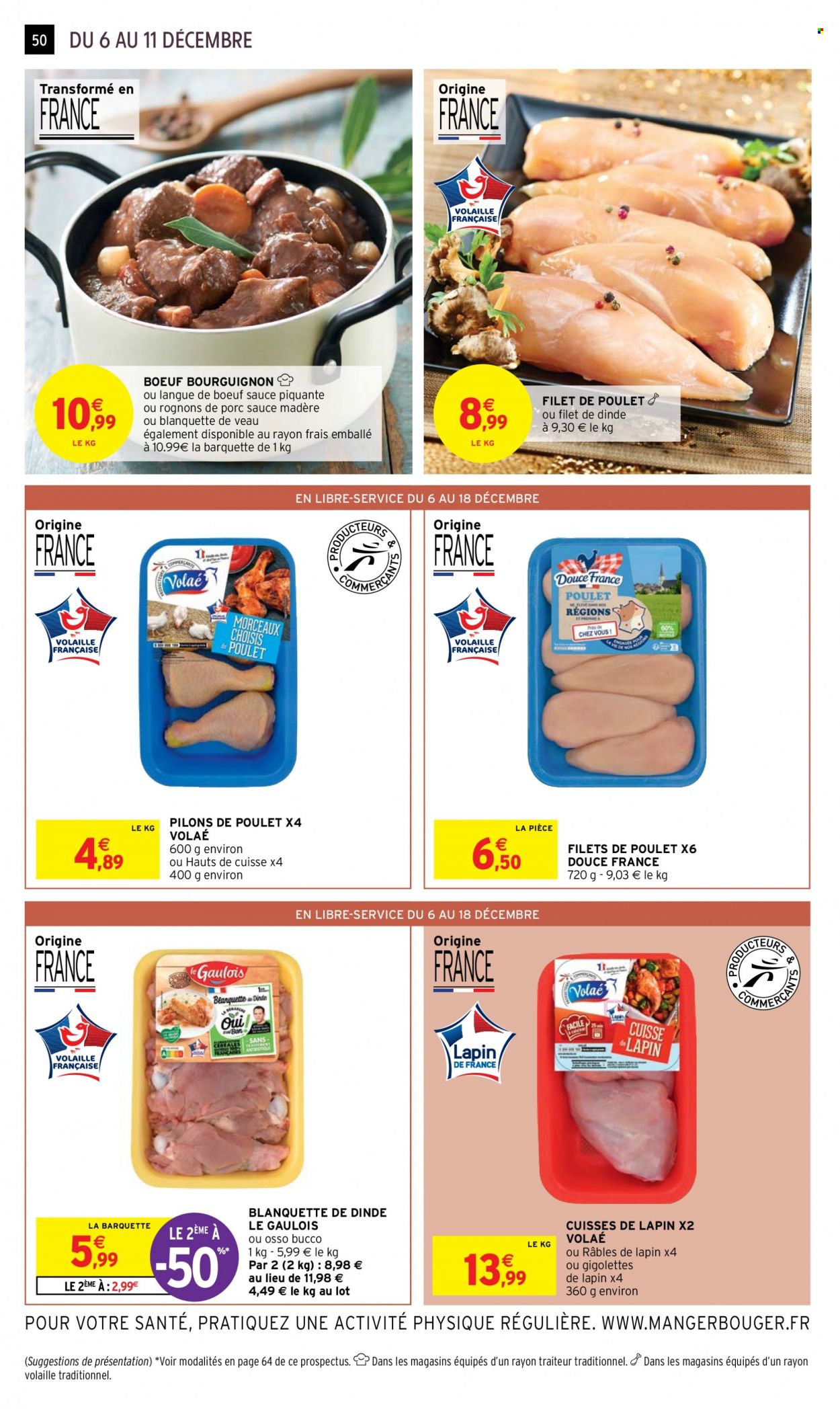 thumbnail - Catalogue Intermarché Hyper - 06/12/2022 - 18/12/2022 - Produits soldés - filet de poulet, viande de poulet, viande de dinde, pilons de poulet, viande de veau, langue de bœuf, viande de lapin, cuisses de lapin. Page 50.