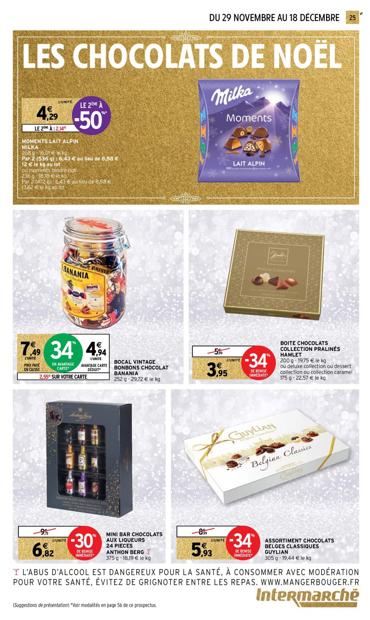 thumbnail - Catalogue Intermarché - 29/11/2022 - 18/12/2022 - Produits soldés - dessert, Milka, chocolat, bonbons, chocolats de Noël, pralinés, Banania, bocal. Page 25.