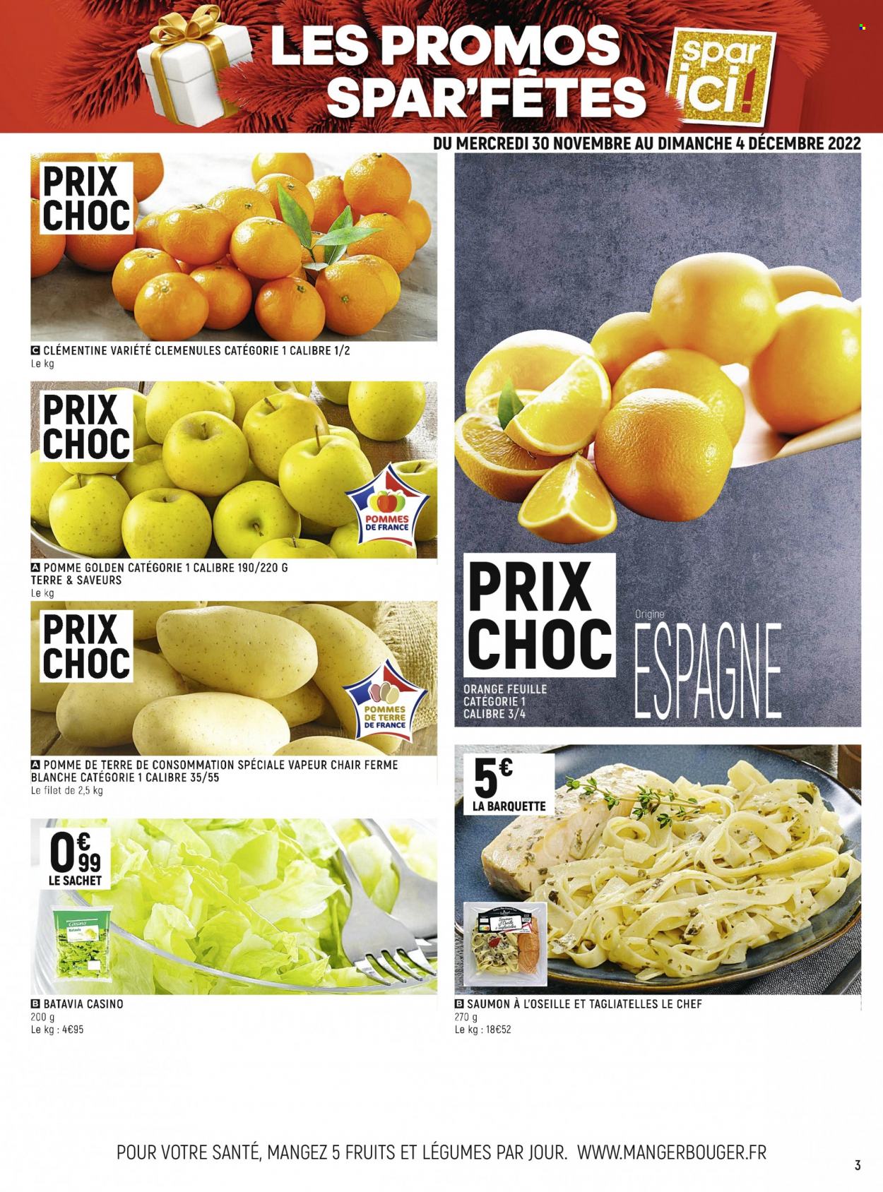 thumbnail - Catalogue Spar Supermarché - 30/11/2022 - 11/12/2022 - Produits soldés - clémentines, salade batavia, pommes de terre, saumon, pâtes, tagliatelles, oseille. Page 3.